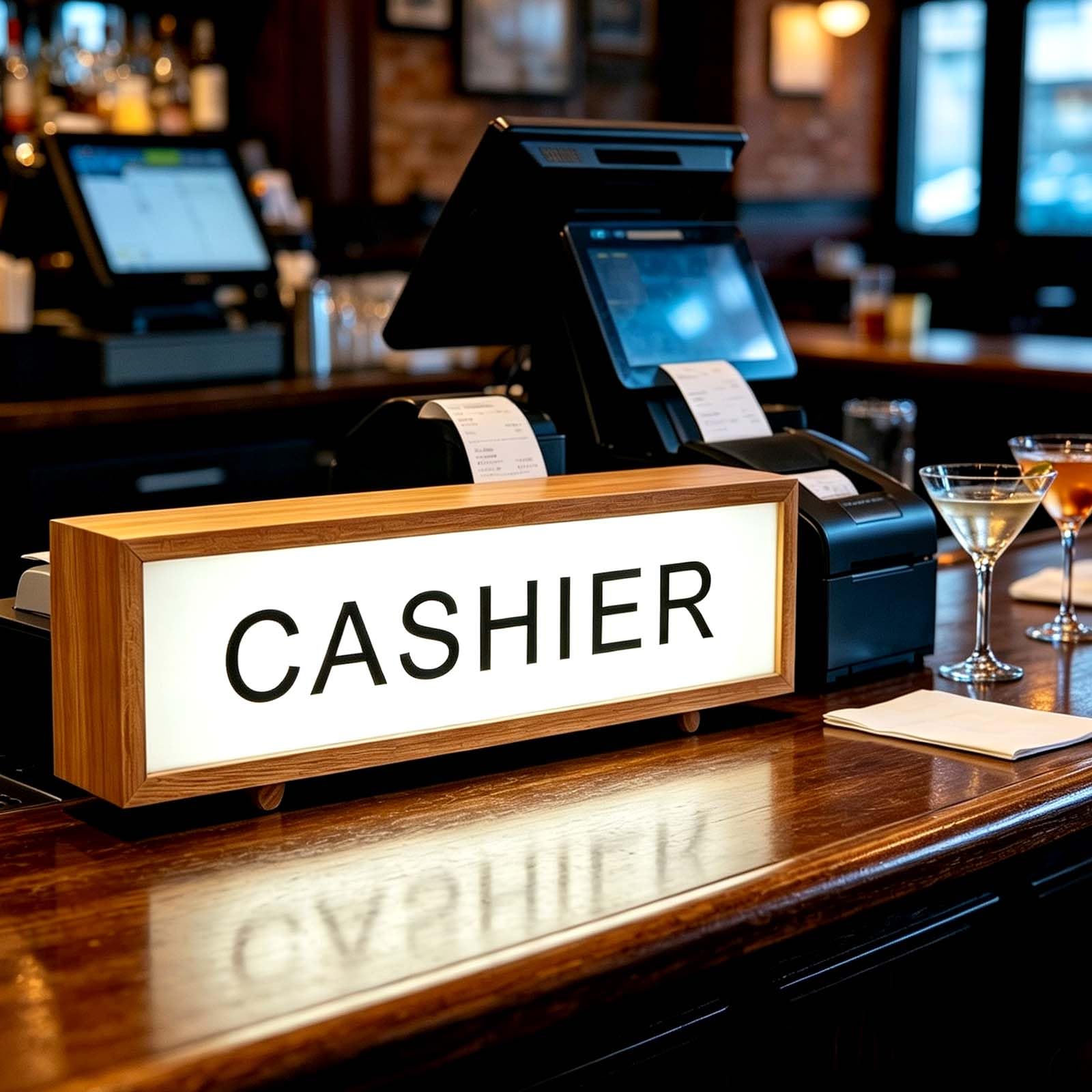 wpdash Cashier Retro Wood Frame Neon Sign LED Neon Lightbox with Remote Control Light Up Dimmable Wall Mount Cashier Sign for Bar Club Fast Food Store Restaurant Desk & Wall Decor