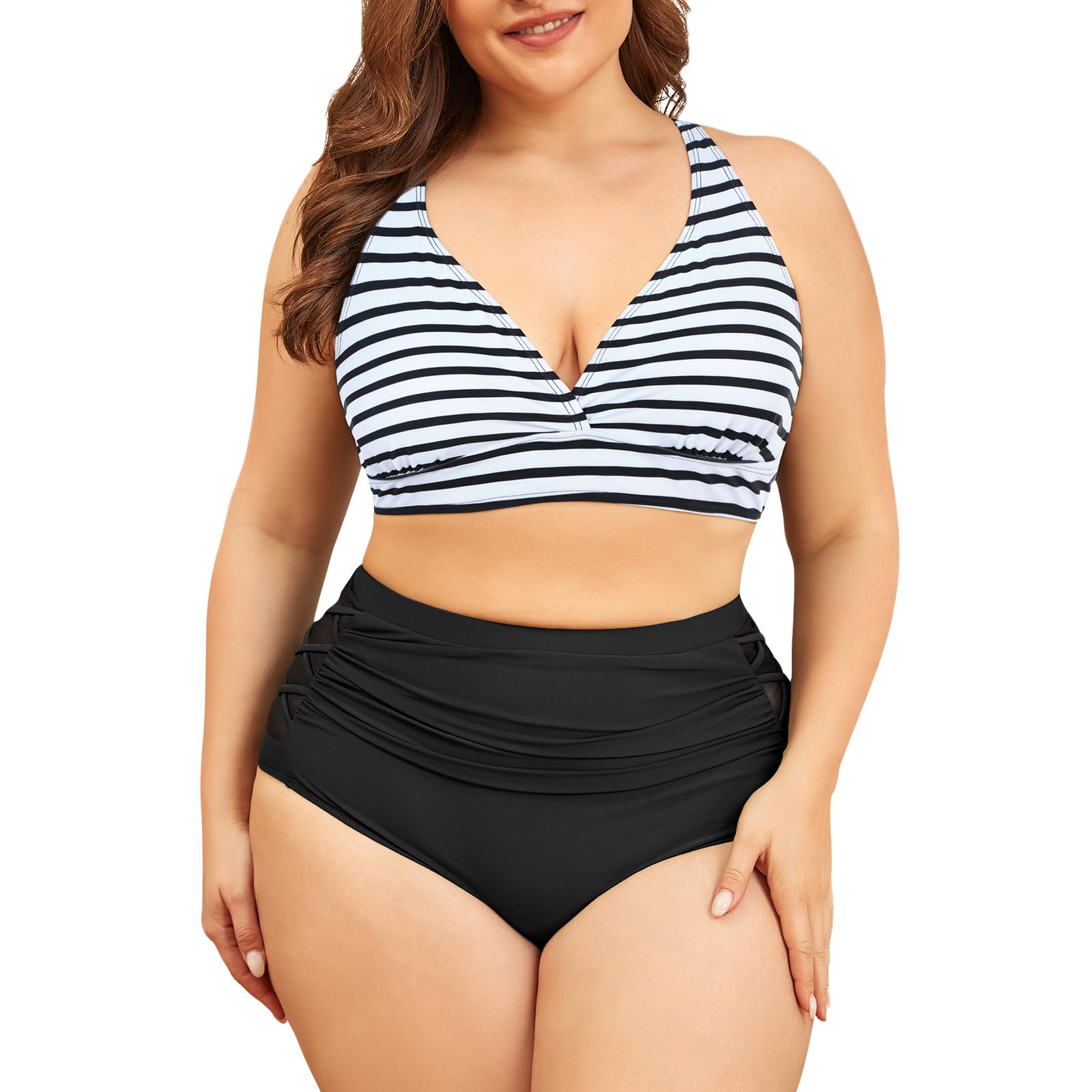 PONCEAU Bikini para mujer, tallas grandes, cuello en V, cintura alta, con nudo de barriga, bikini de dos piezas, talla grande, traje de baño curvo, traje de baño push up