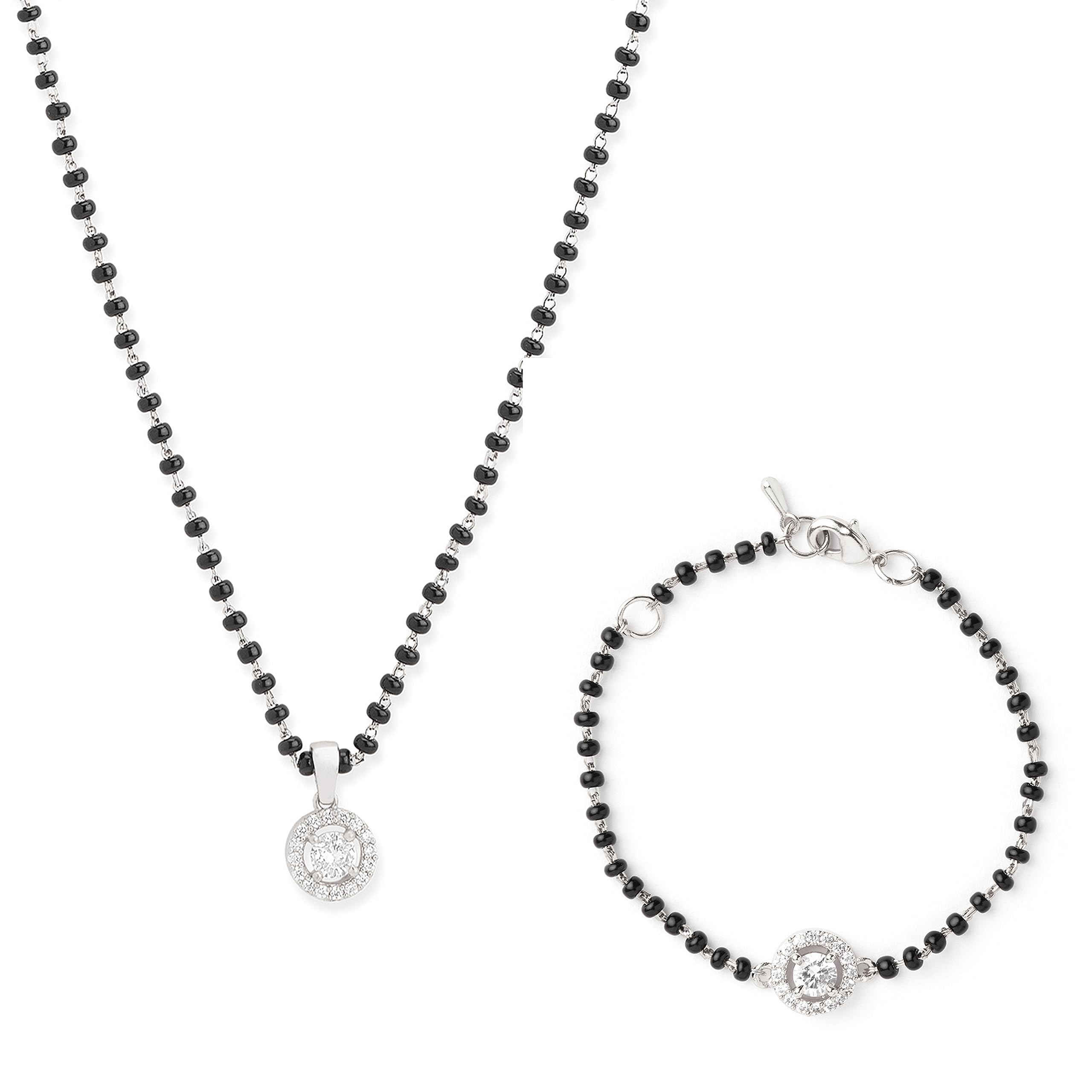 MINUTIAE Round Crystal Diamond Tanmaniya Combo Mangalsutra Pendant Necklace & Bracelet For Women And Girls With Extendable Chain (Silver) (B0CD4LWP24) Amazon Price History, Amazon Price Tracker