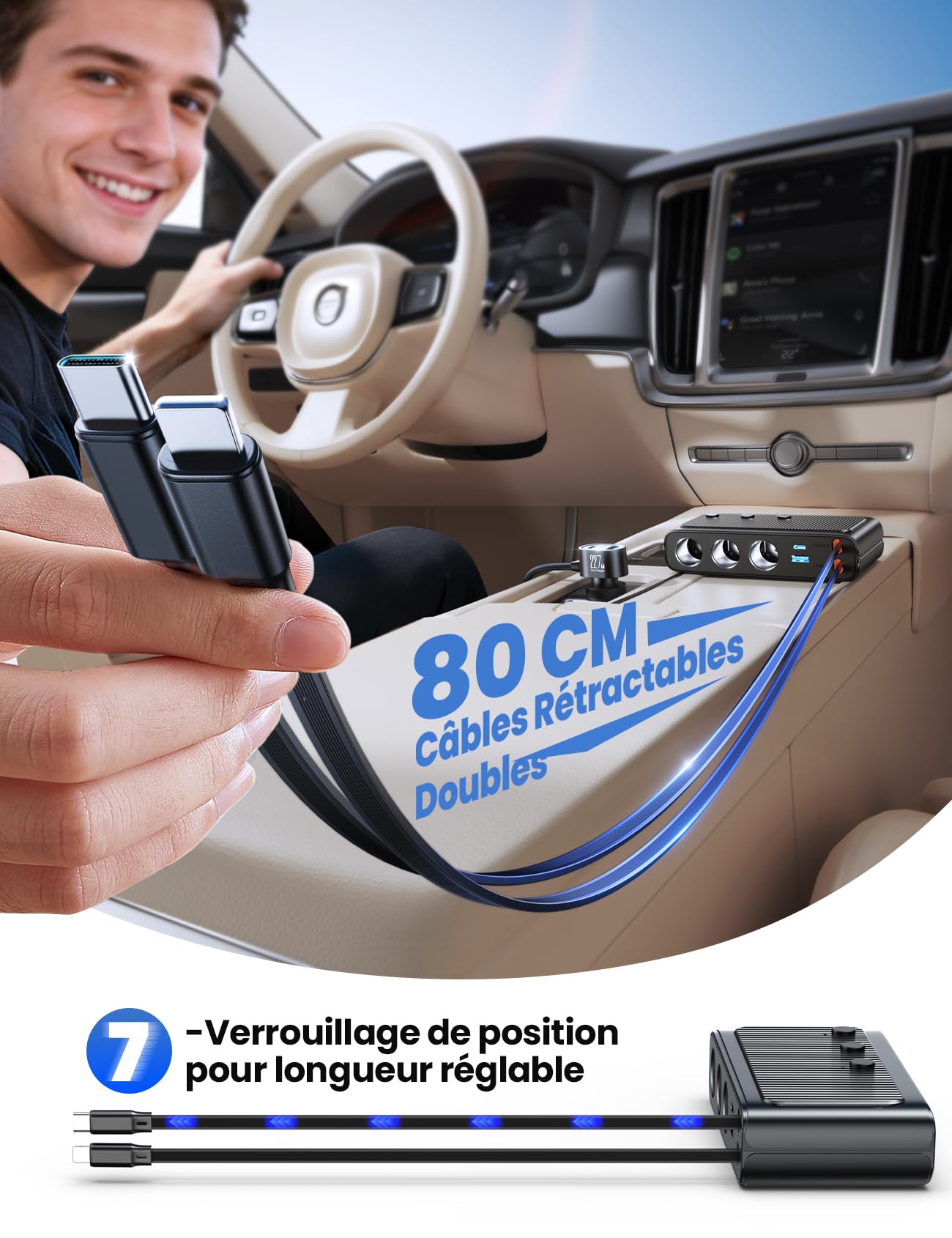 JOYROOM 9-en-1 Adaptateur Allume-Cigare 227W, avec 80cm rétractable 45W câble de charge rapide Type-C et Lightning, 12V/24V Prise Allume Cigare USB, Affichage du Tension par LED pour iPhone 17/Samsung