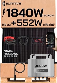 SUNNIVA® 1840W Balkonkraftwerk mit 800W Wechselrichter ECOFLOW, BIFAZIAL FULLBLACK komplett Steckdose, PV Solaranlage Komplettset mit 5m Anschlusskabel und 4x2.5m Solarkabel, 4x 460W N-Type Glas-Glas