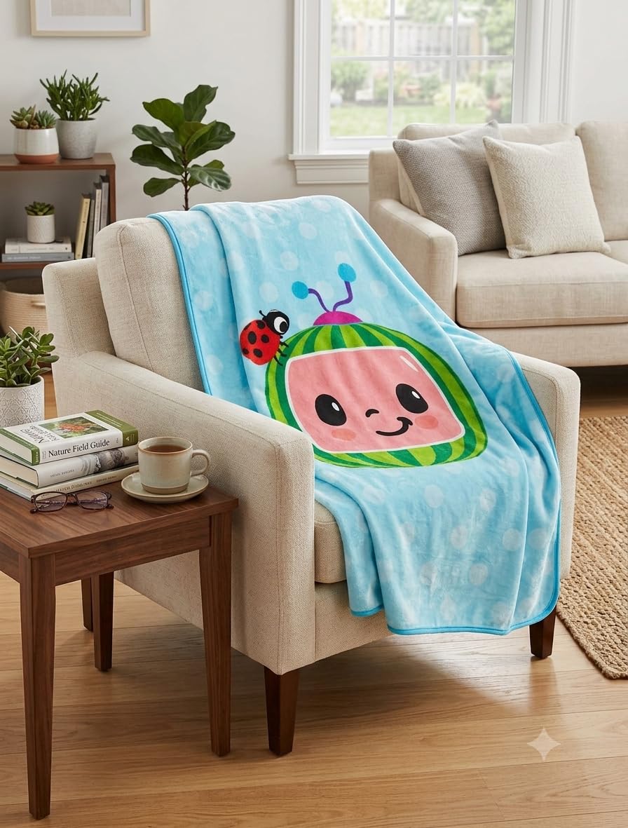 Jay Franco CoComelon Plush Throw Blanket for Kids, Soft Fleece Polyester Throw, 46 x 60 in Cozy Blanket for Bedroom, Couch, Travel, Daycare, Sleepovers, Blue Moonbug Design