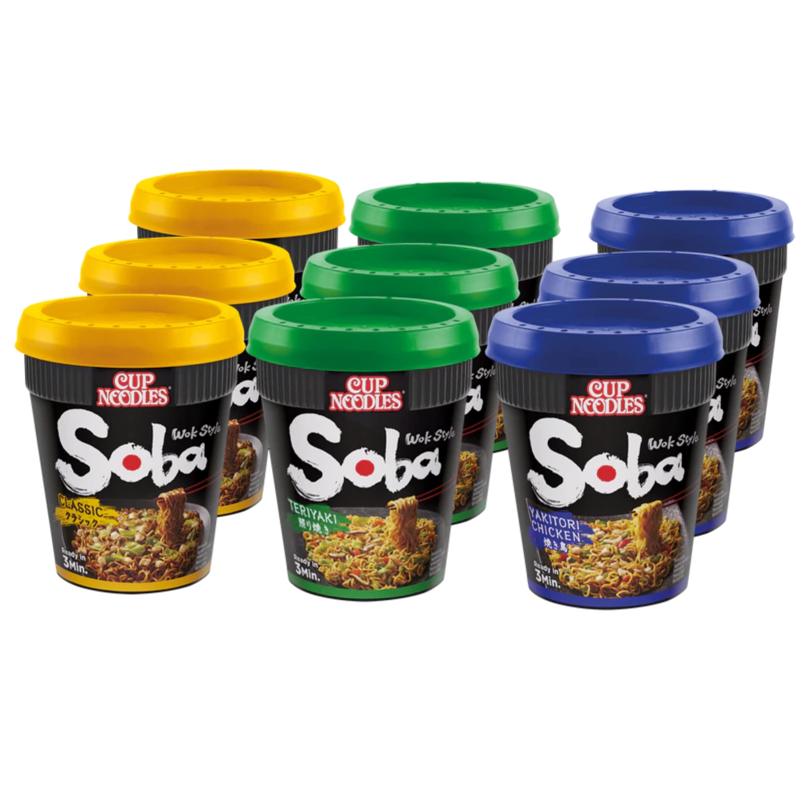 Nissin Soba Noodles - Confezione multipla di 9 coppette per noodles Nissin Soba Classic, pollo Yakitori e Teriyaki, con etichetta regalo TGBK