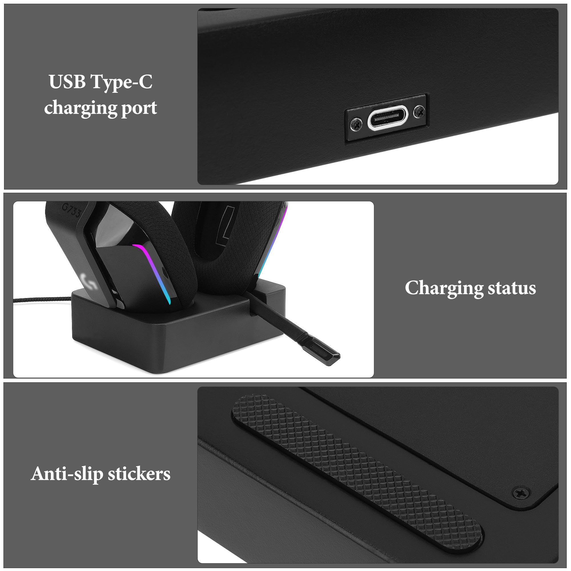 GEEKRIA Support de charge pour casque de jeu sans fil Logitech G733 Lightspeed, socle magnétique en résine imprimée en 3D, base pour casque (Noir)