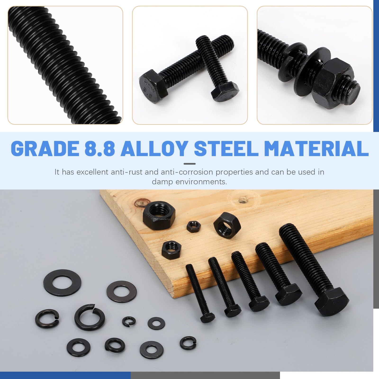Glarks 1045pcs M4/M5/M6/M8/M10 Grade 8.8 Hex Bolt Screws with Nuts and Washers Set, Includes 259pcs Hex Bolts - Image 3