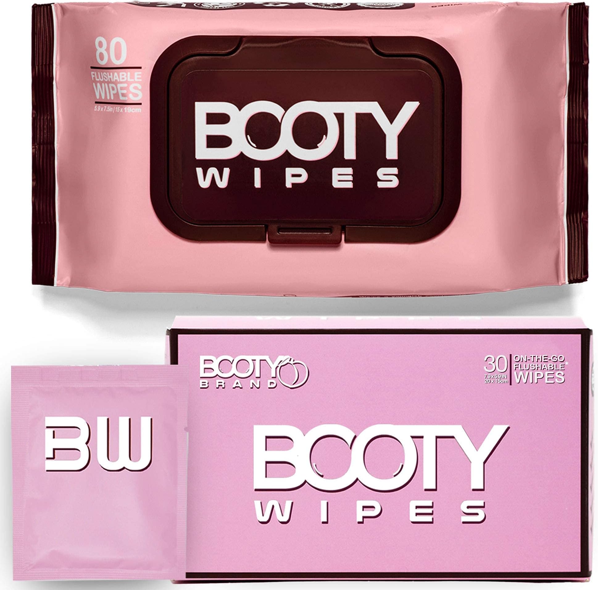 BOOTY WIPESfor Women Combo | 80 Flushable Wipes (1 Flip-Top Packs of 80 Flushable Wipes) | 30 On the Go Flushable Wipes for Travel