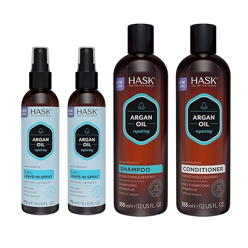 HASK Colección de aceite de argán: 2 acondicionadores sin enjuague 5 en 1 y 1 set de champú y acondicionador