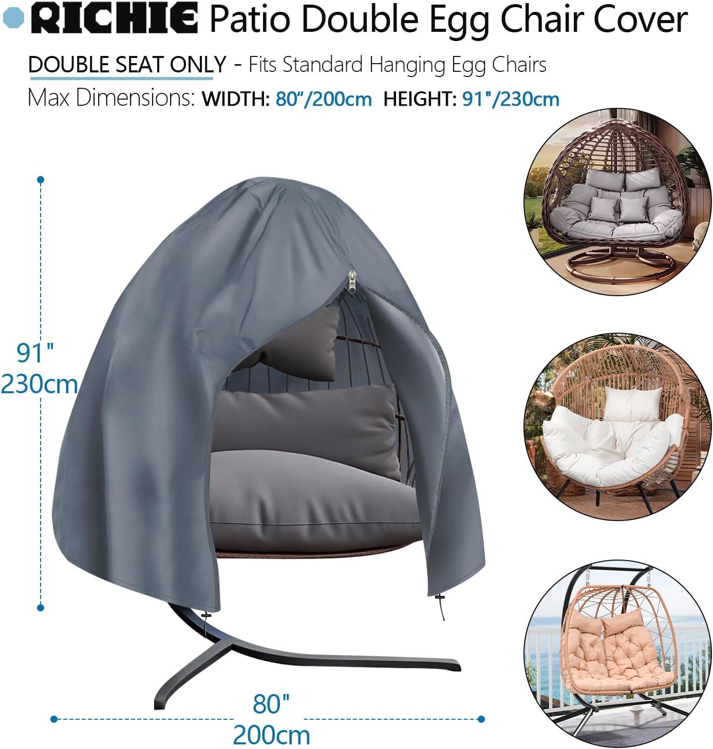 【Upgraded】RICHIE 90”x78” Patio Egg Chair Covers Waterproof & UV Resistant, Heavy-Duty Zippered Cover for Outdoor Egg Swing Chairs, Hanging Chairs, All-Weather Protection for Garden, Balcony - Gray