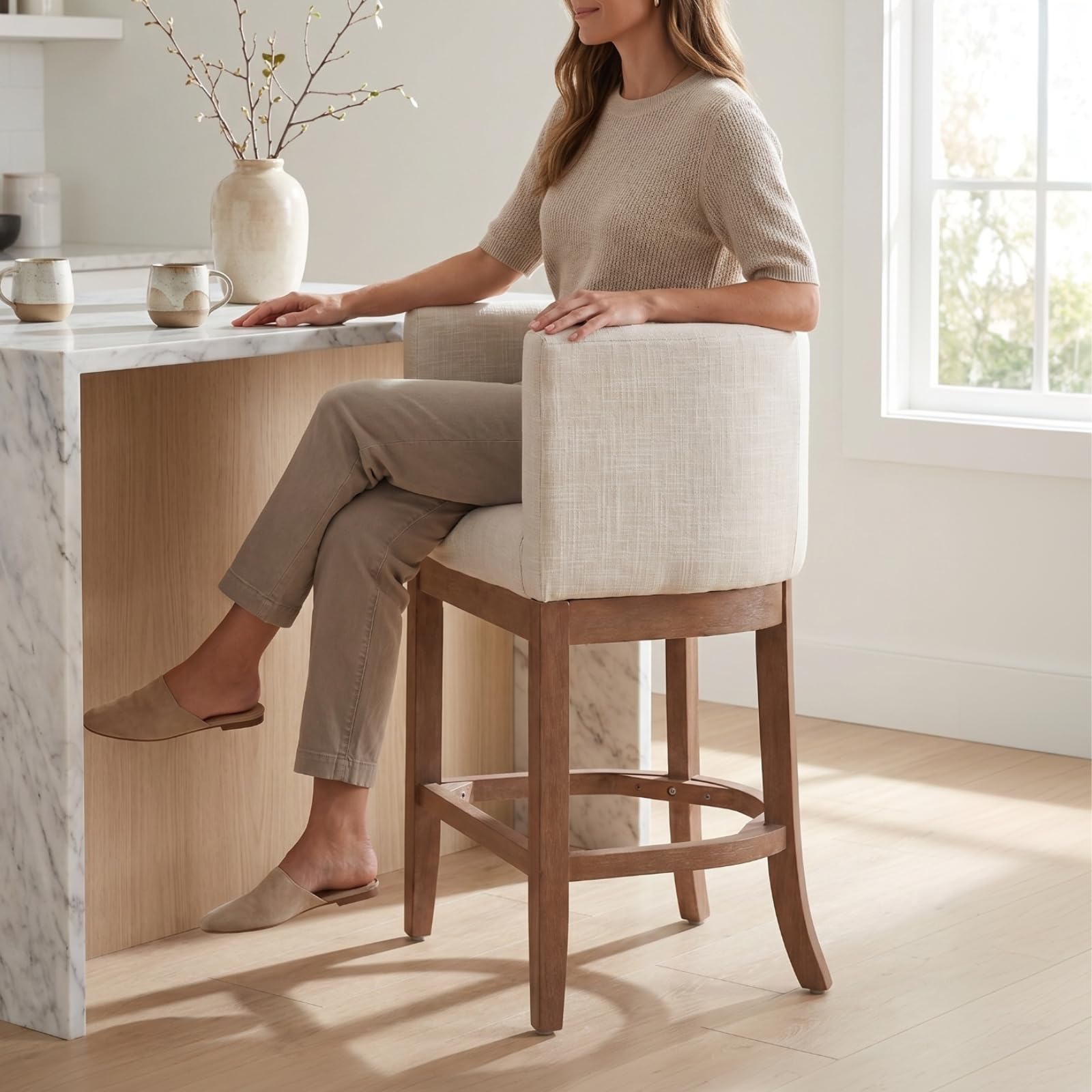 Photo 1 of CIMOTA 26" Modern Counter Height Bar Stool Set of 1, Farmhouse Barrel Bar Stool with Back and Arms, Natural Wood Frame, Linen Fabric Upholstered Barstool for Kitchen Island/Counter, Beige