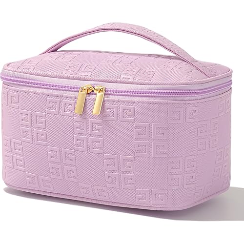Meiyuuo Makeup Bag Portable Preppy Travel Cosmetic Bag Medium Cute Embossing Personalized Makeup Organizer Waterproof Toiletry Case for Women Purple