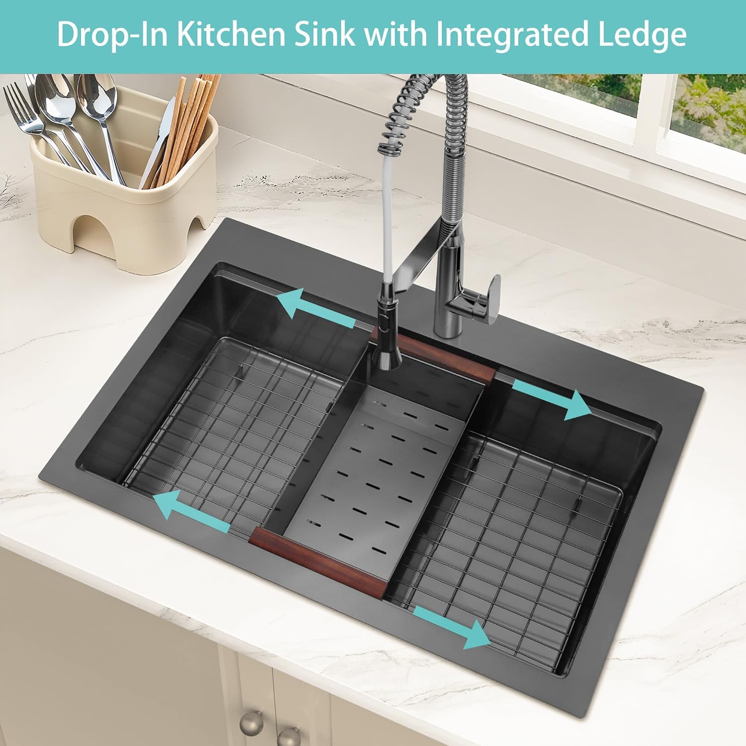 Black Kitchen Sink,33" X 22" Drop In/Top Mount Kitchen Sinks,16 Gauge Stainless Steel Single Bowl Workstation Sinks (Black, 33 X 22 inch)