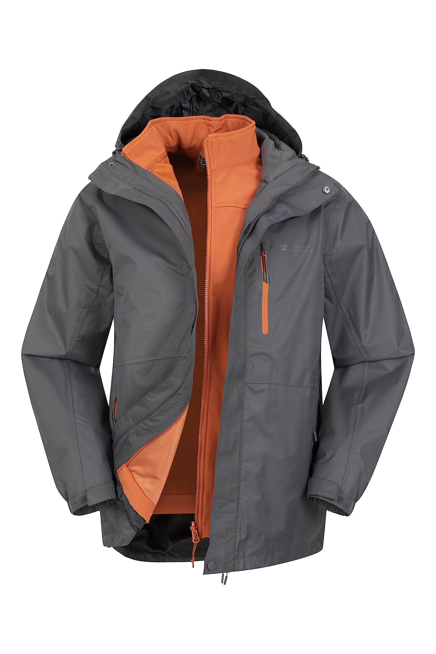 Mountain Warehouse Dark Grey Bracken Extreme Mens 3 In 1 Waterproof Jacket – Adjustable Mens Coat, Warm Rain Jacket, Headphone Compatible Outerwear – For Camping, Walking Extra Small