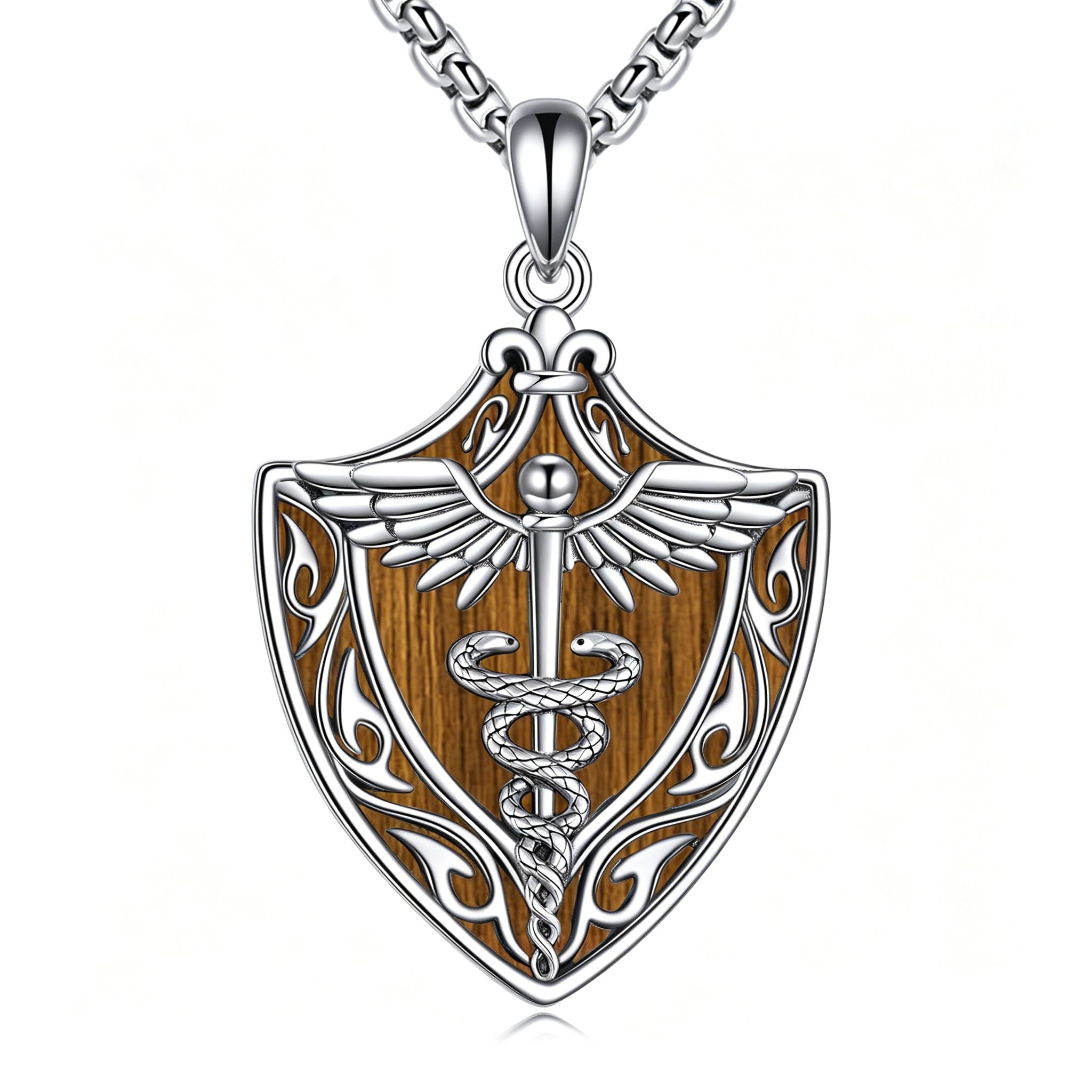 Staff of Caduceus Necklace 925 Sterling Silver Shield Staff Angel Wings Pendant Talisman Nurse's Day Christmas Gifts for Nurses
