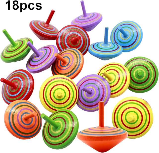 Natuce 18 PCS Colorful Wooden Spinning Top, safe Non-toxic Wood Toy Creative Handmade Smooth Surface Wood Toy Kindergarten Toys Fun Gift For Kids Children, Party Bag Fillers - 4 * 4 * 4 cm