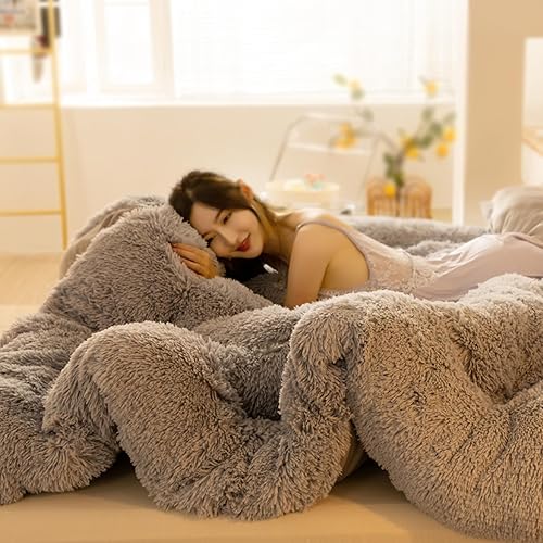 Miniatura 5 de Lujoso edredón de felpa de pelo sintético grueso, juego de edredón de invierno pesado, moderno, casual, ultra suave, para todas las estaciones, 1