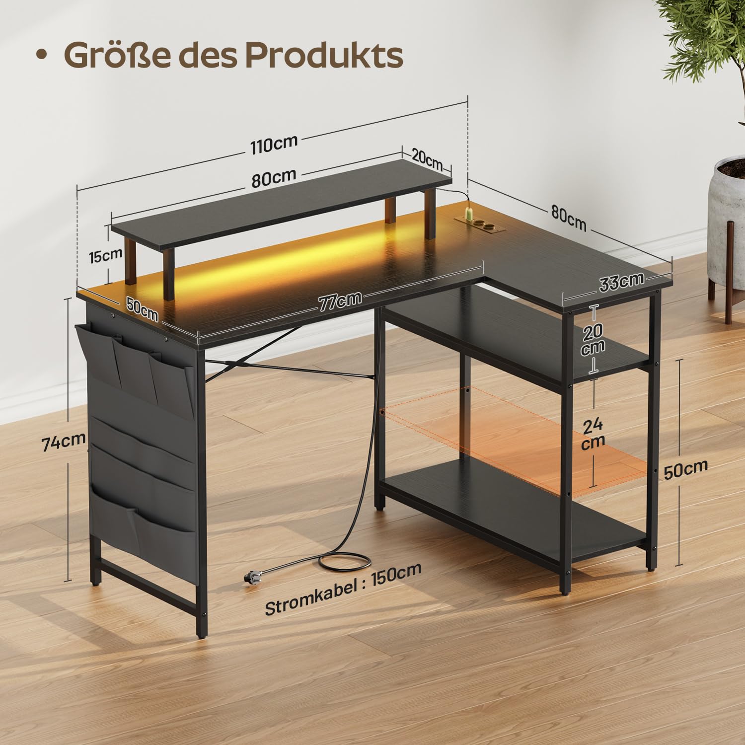 L-förmiger Schreibtisch 110x80 Cm Mit LED & Steckdosen – Inkl. Regal, Monitorständer, Tasche Für Gaming & Büro (Braun)