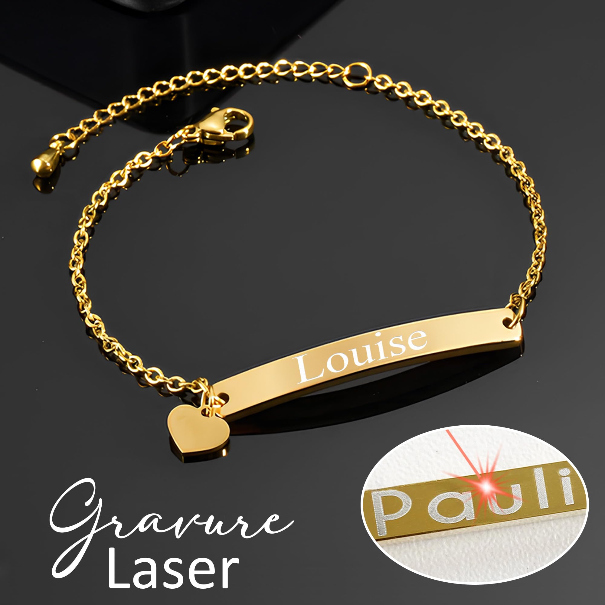 KDO MAGIC - Gourmette bébé personnalisable - Bracelet enfant personnalisé - Gourmette avec prénom gravé - Doré ou argenté - Cadeau bébé, enfant, cadeau de naissance, baptême (Doré)