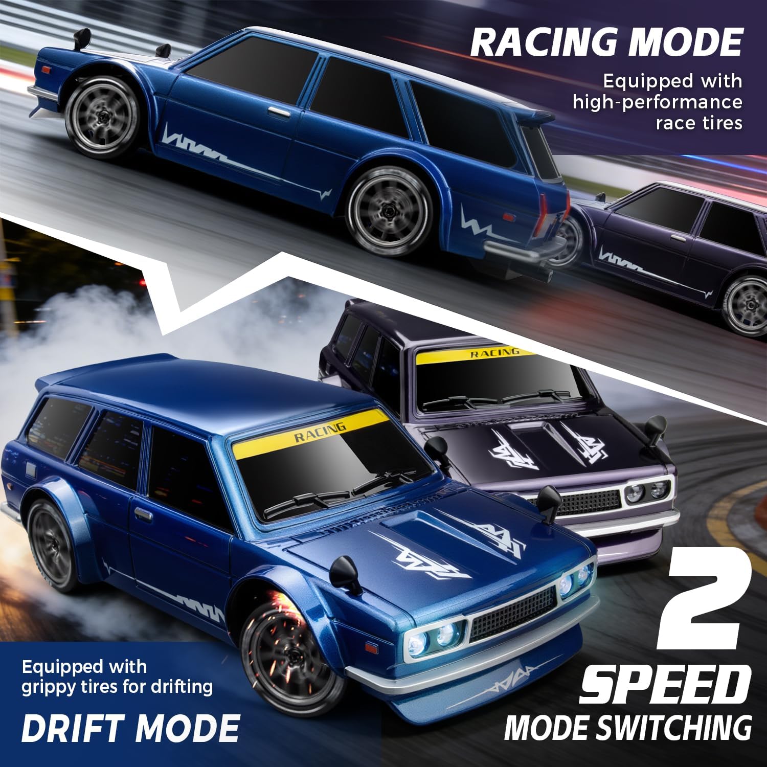 RC Drift Car, 1/24 Remote Control Drift Car for Adults Kids, 20KM/H 4WD Low/High Speed RC Cars with LED Lights, Extra Drifting Tires, Vehicle for Boys Girls Beginners Indoors Outdoors Blue