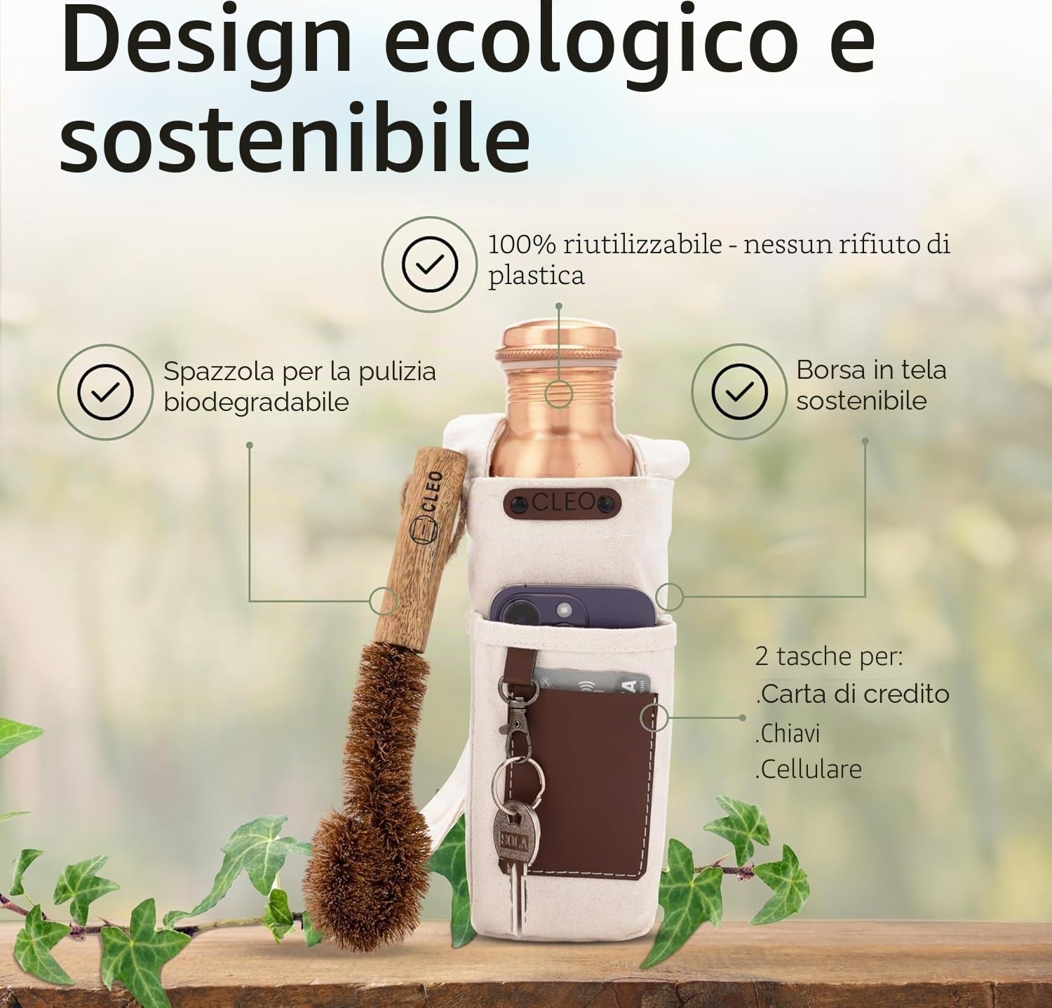 Bottiglia Acqua in Rame Puro Martellato 950 ml – Bottiglia Ayurvedica Antiperdita Senza BPA per Yoga Palestra Viaggi e Ufficio con Borsa in Tela Tasche e Spazzola Pulizia Inclusa