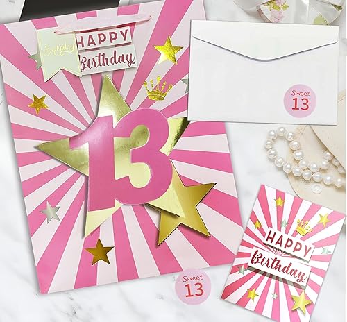 Miniatura 4 de Bolsa de regalo de cumpleaños número 13 con papel de seda, bolsa de regalo de cumpleaños rosa de 13 pulgadas con tarjeta y papel de seda, regalos de