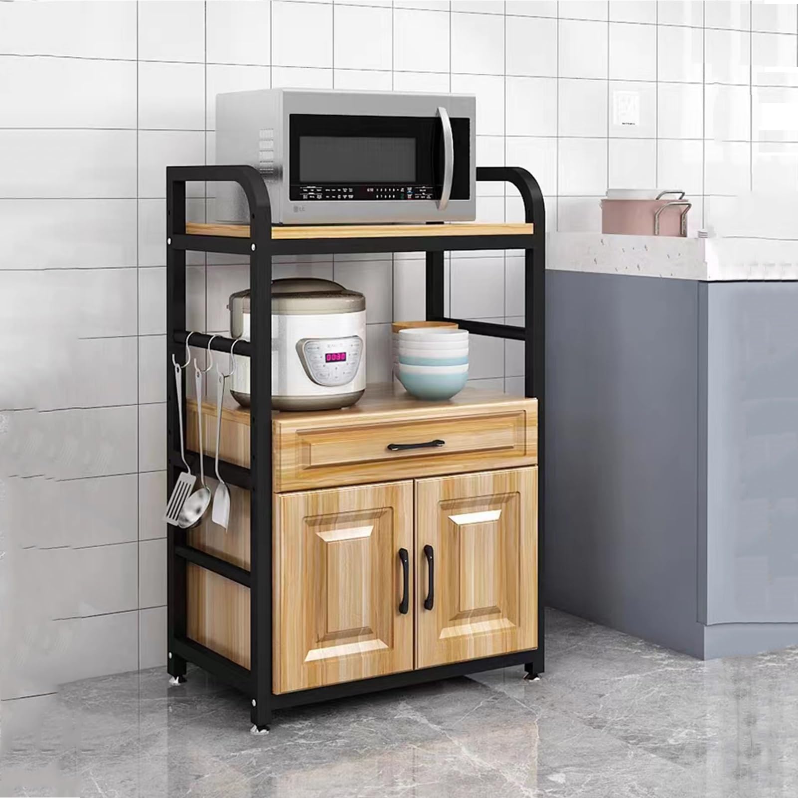 Estante de cocina para horno microondas con armario de almacenamiento y estante aparador utilitario (55 x 40 x) ideal para cocina, sala de estar y dormitorio, acabado duradero de nogal