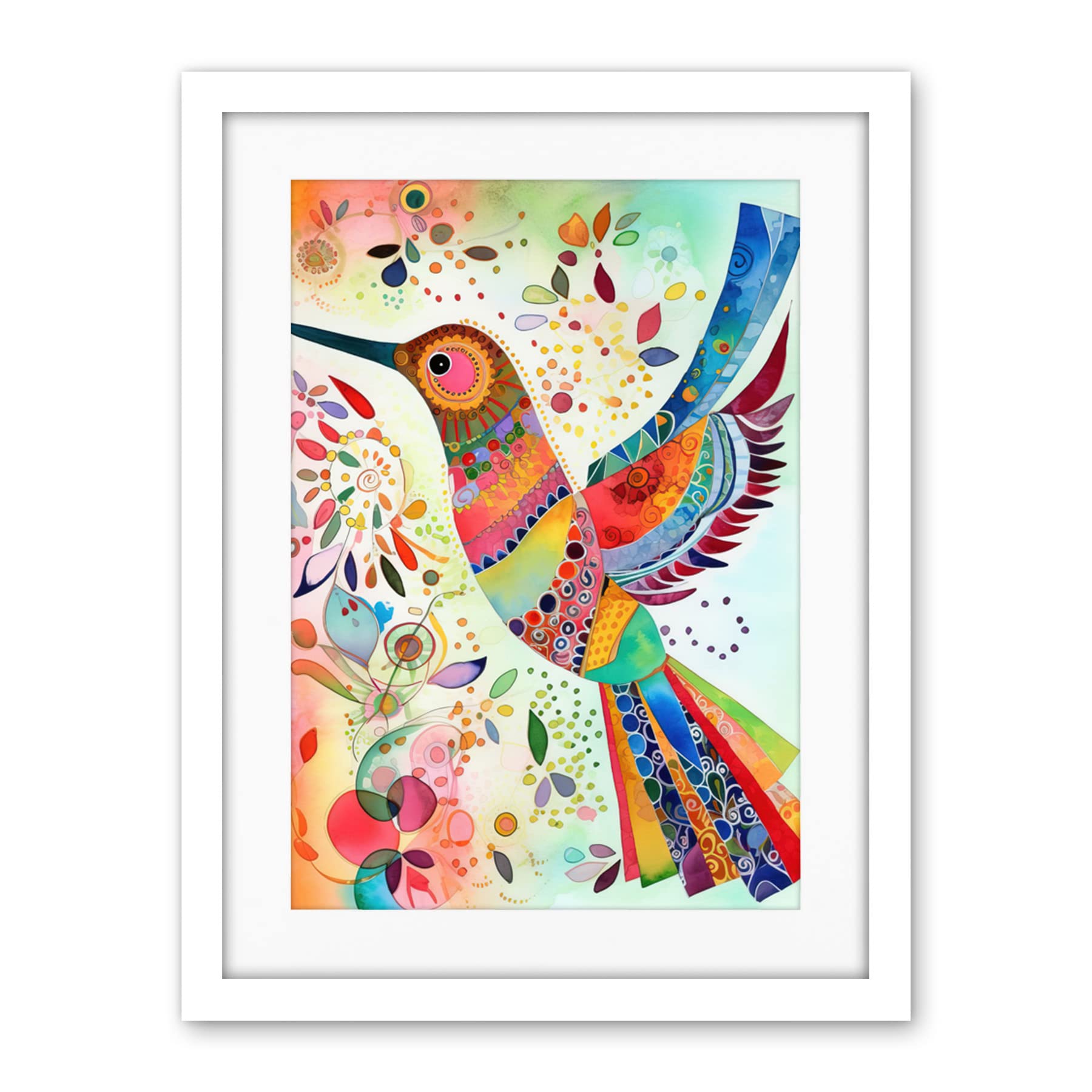 Artery8 Hummingbird With Multicolour Pattern Feathers Folk Art Watercolour Painting Artwork Framed Wall Art Print 18X24 Inch