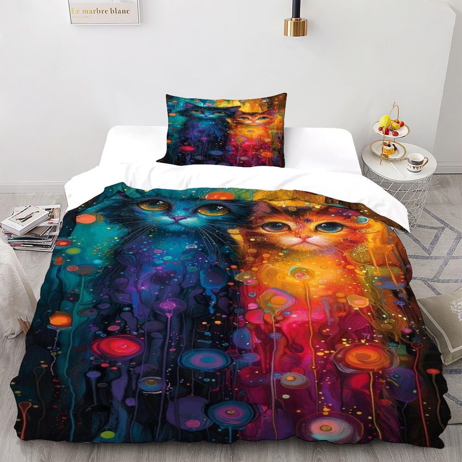 Housse de couette chat 135x200 parure lit microfibre single 2 pièces