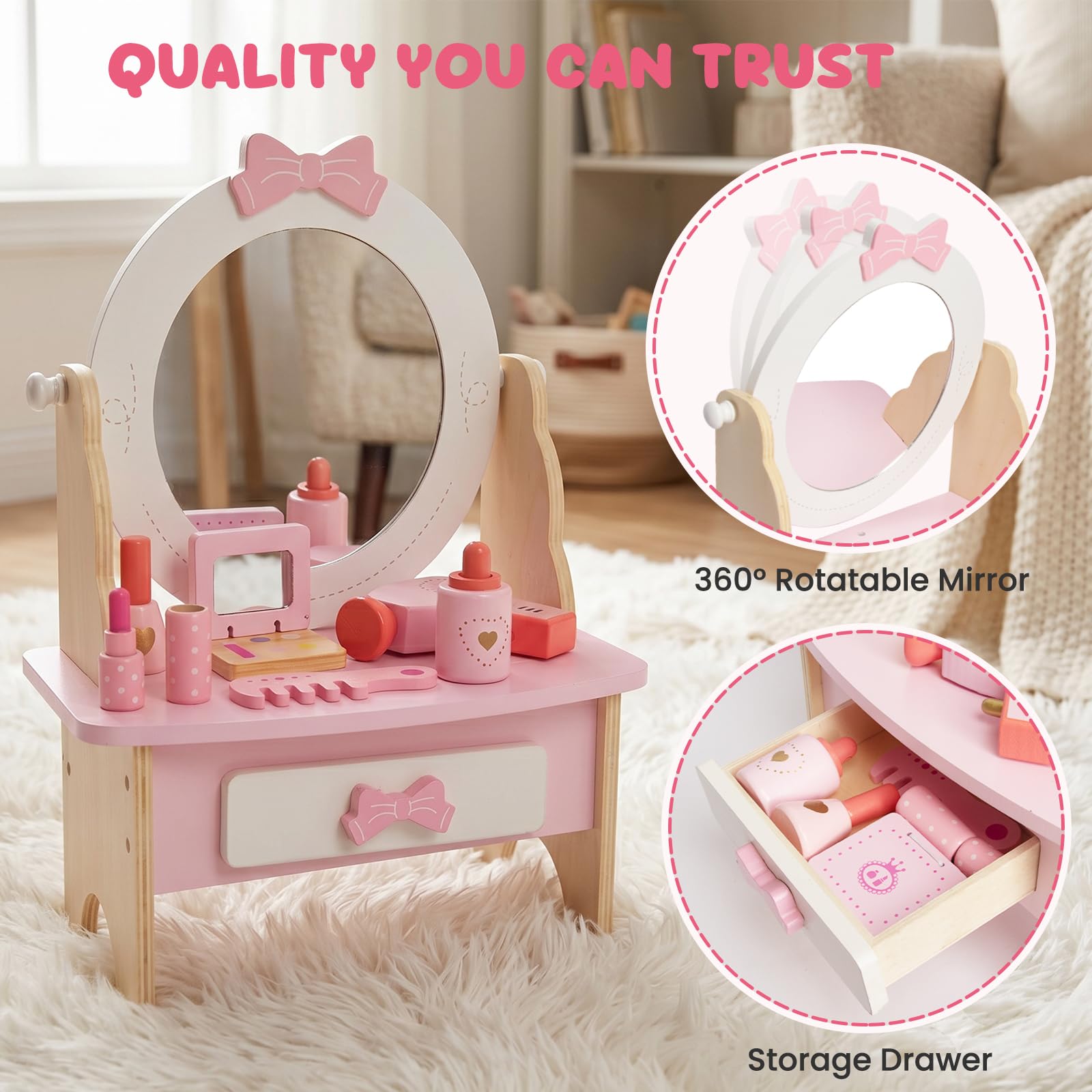 Set da toeletta in legno per bambini, giocattolo da tavolo con specchio girevole a 360°, set di accessori per il trucco, regalo per bambine dai 3 anni in su (bianco)