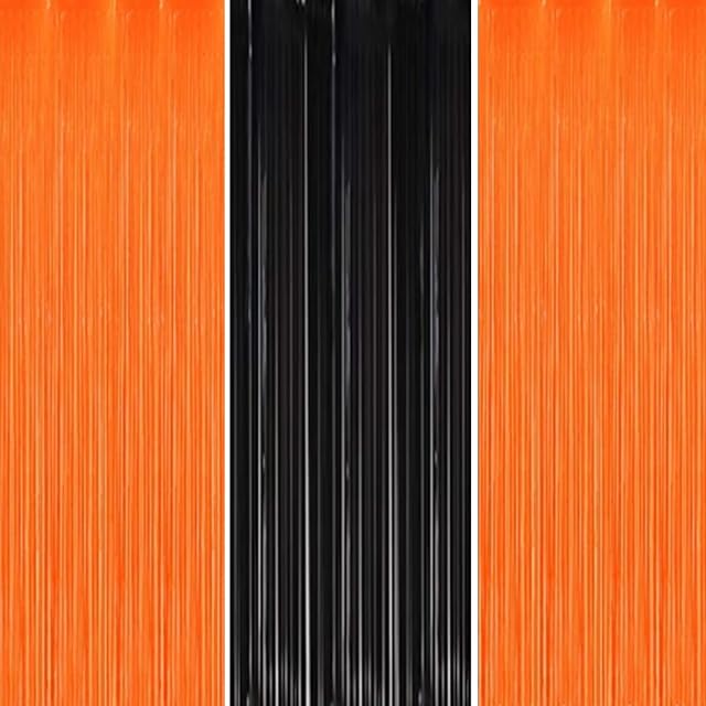 3P 1m*2m Halloween Orange Black Foil Curtain Door Curtain,Metallic Tinsel Curtains Party Backdrop Curtain Shimmer Curtain,Fringe Backdrop Hanging Streamer for Halloween Xmas Birthday Wedding Party