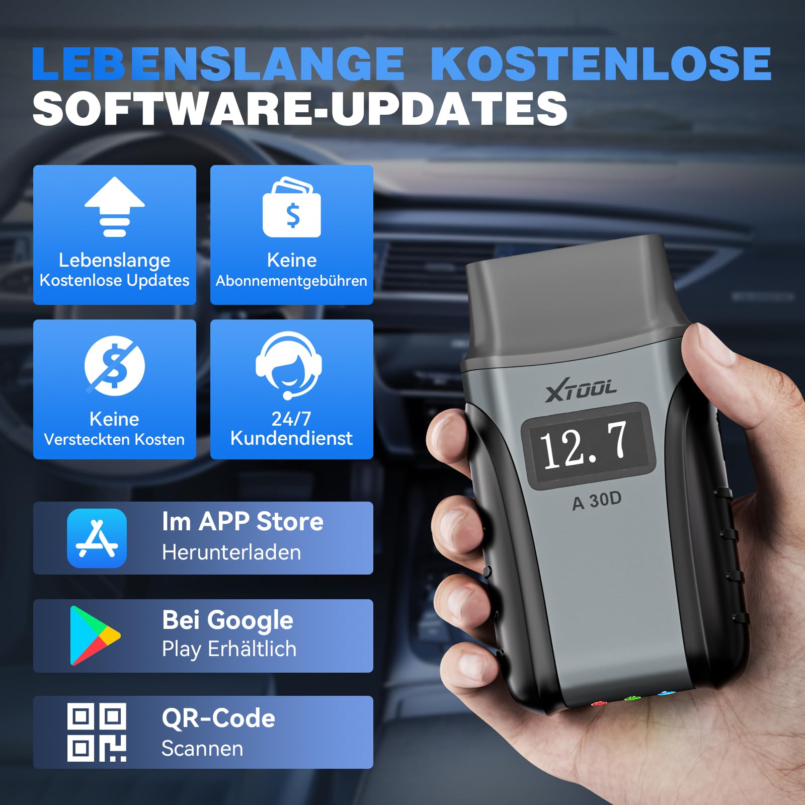 XTOOL A30D OBD2 Diagnosegerät Bluetooth, Bidirektionales Diagnosegerät Auto, Vollsystem, KI-Assistent, 19+ Funktionen, Öl ABS EPB DPF SAS, 8-PID Live-Daten, Lebenslange Update für iOS Android, CAN FD
