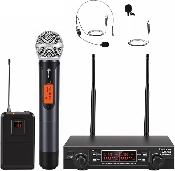 innopow Sistema de Micrófonos Inalámbricos de 200 Canales, Micrófono de Solapa Inalámbrico, Set de Micrófonos de Corbata UHF Doble sin Cable, Escaneo Automático, Largo Alcance 200-240 Pies, 16 Horas Ideal para Iglesia (Negro) XLR