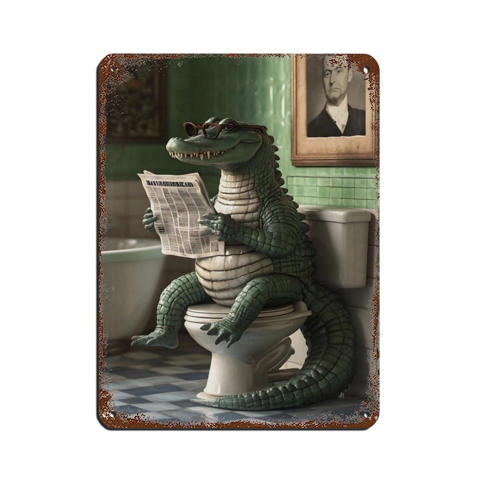 Alligator Reading Newspaper Tin Sign Vintage Metal Pub Club Cafe Bar Home Wall Art Decoration Poster Retro 12x16inch(30x40cm)
