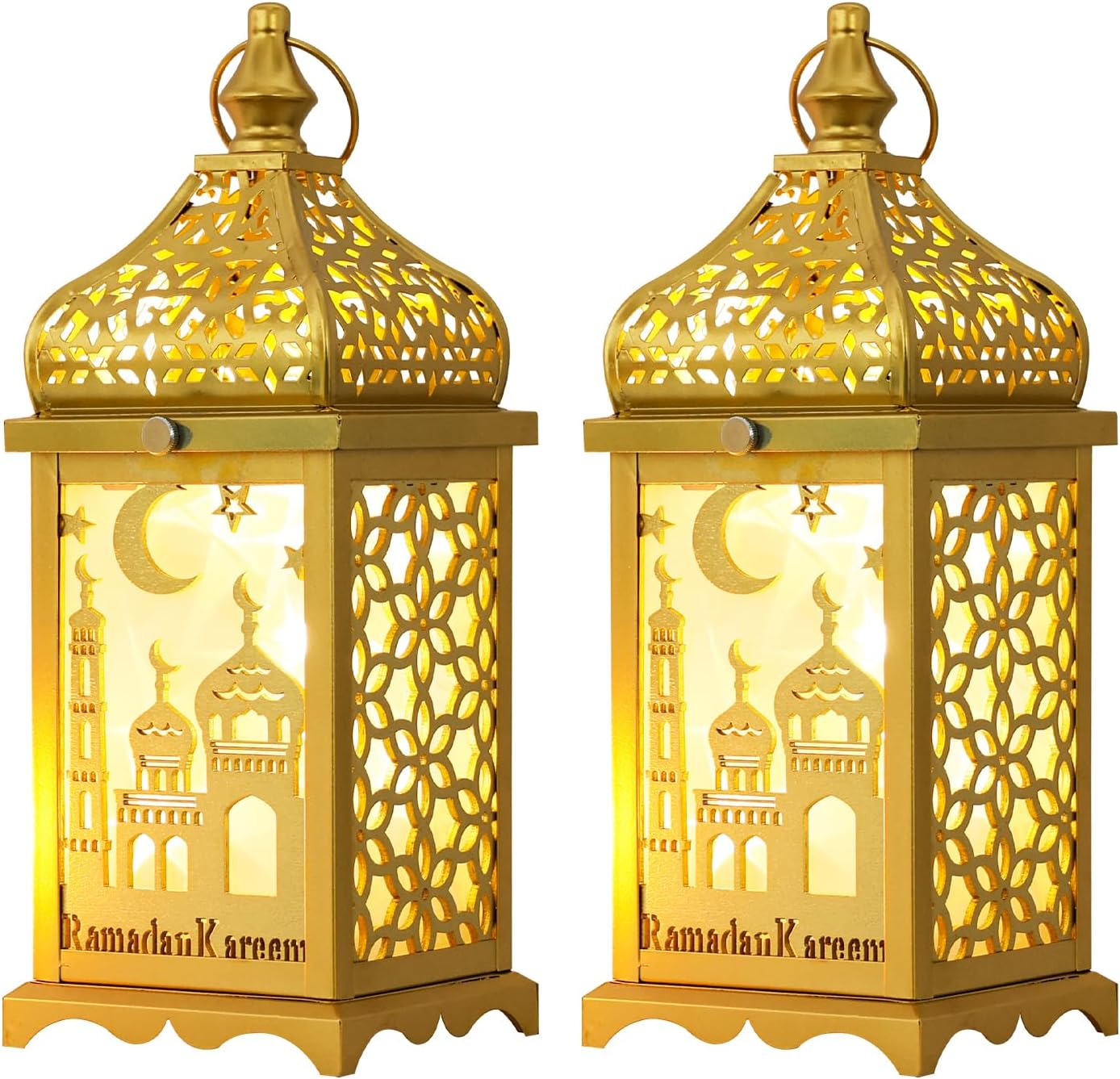 DECORKEY Ramadan Decorations for Home, 2Pcs 14'' Decorative Candle Lantern for Tabletop Mantel Decor, Vintage Metal Lantern Candle Holders for Indoor Outdoor Decor, EID Mubarak Gift