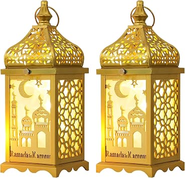 Ramadan Decorations for Home, 2Pcs 14 Decorative Candle Lantern for Tabletop Mantel Decor, Vintage Metal Lantern Candle Holders for Indoor Outdoor Decor, EID Mubarak Gift