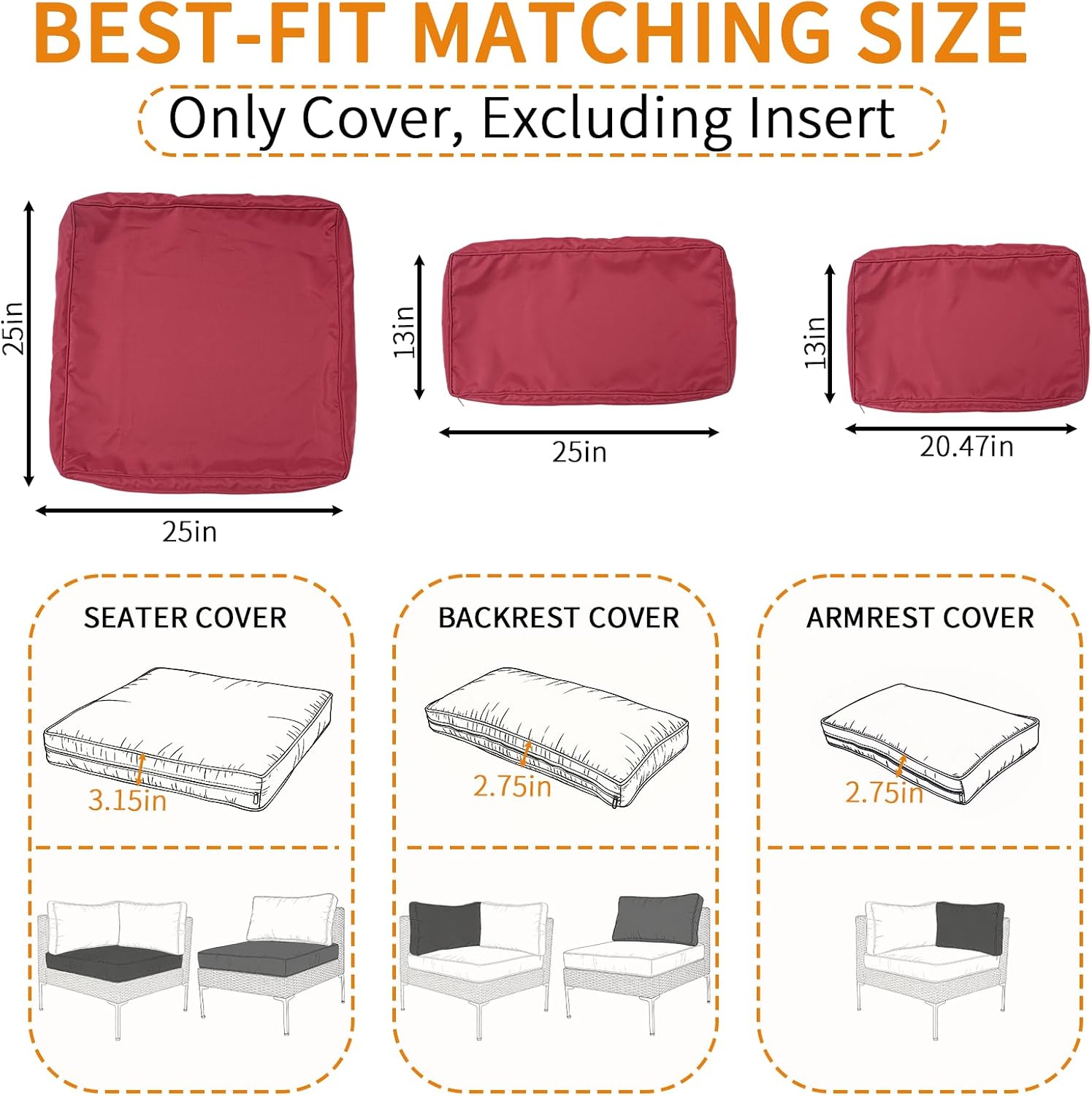 14Pcs Outdoor Patio Cushion Covers, Waterproof Replacement Slipcovers with Zipper for 6-Seat Wicker Rattan Sectional Sofa Washable Furniture Protector for Couch Set, Covers Only