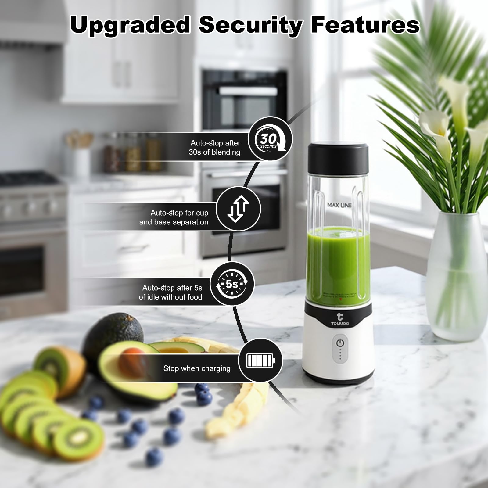 Mini Frullatore portatile per smoothie e frappè, 520ml con coperchio, nero | Frullatore personale senza BPA con 6 lame e funzione di ricarica USB-C, frullatore ricaricabile per viaggi, sport e cucina