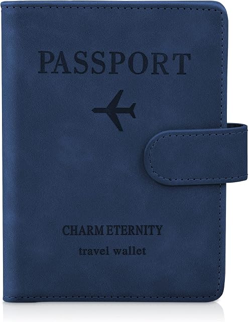 JQGO Passport Holder Cover, Travel Wallet with RFID Blocking, Case Organiser for Men&Women Soft PU Leather Travel Accessories for Credit Cards Boarding Passes (Blue)