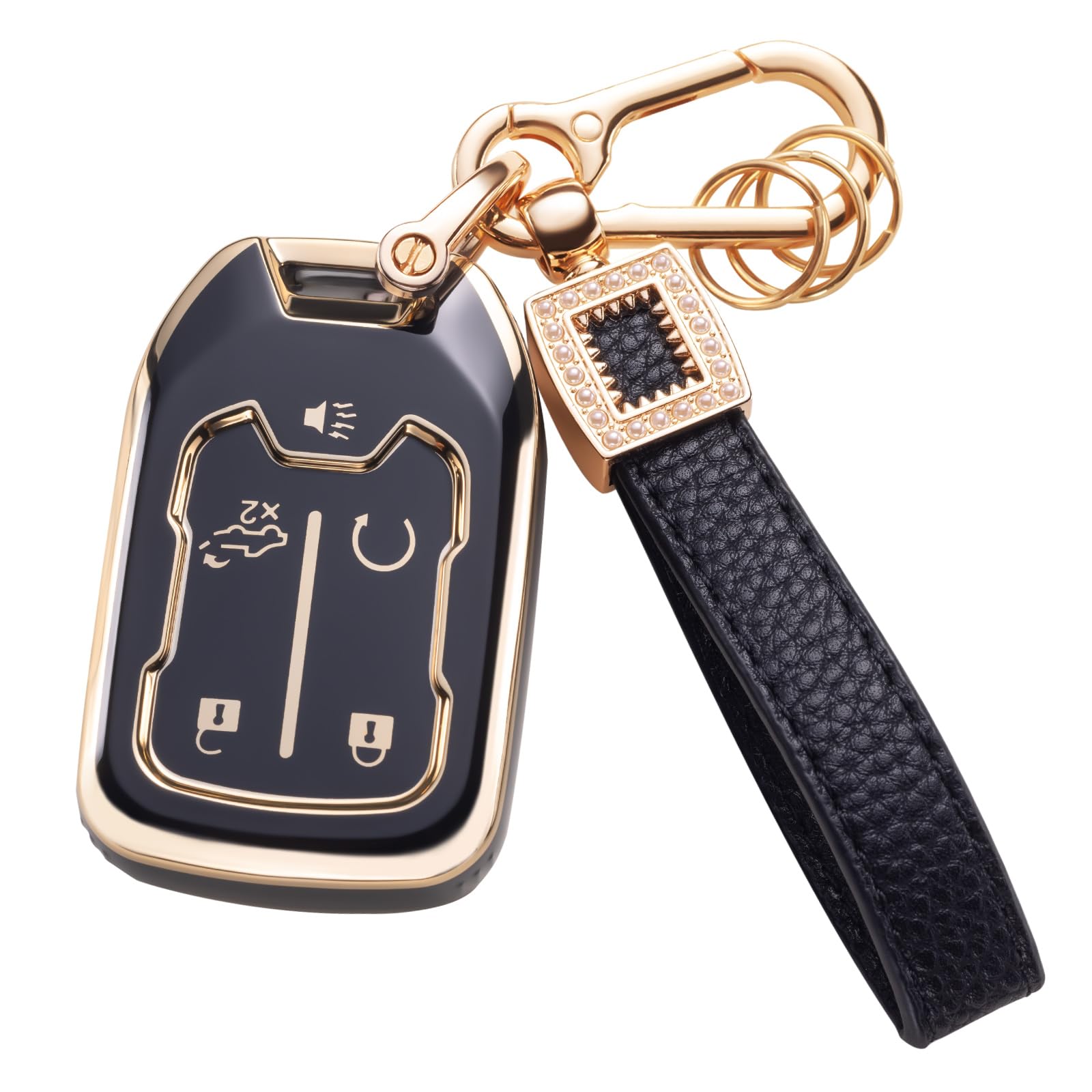 for GMC Key Fob Cover with Leather Lanyard, Car Key Fob Case Compatible with Chevy Suburban Tahoe Terrain Acadia Yukon GMC Sierra 1500 2500 3500HD Smart Key Protector Holder