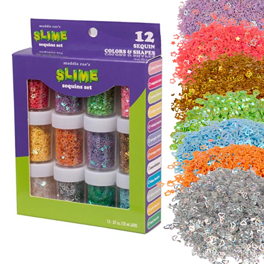 Maddie Rae's Sequins, Set of 12 (20g ea), Assorted Jars w Iridescent Colors & Shapes - Hearts, Stars, Flowers and Snowflakes - Supplies, Mini Decorations for Resin, Clothes, & Scrapbooking, Gift