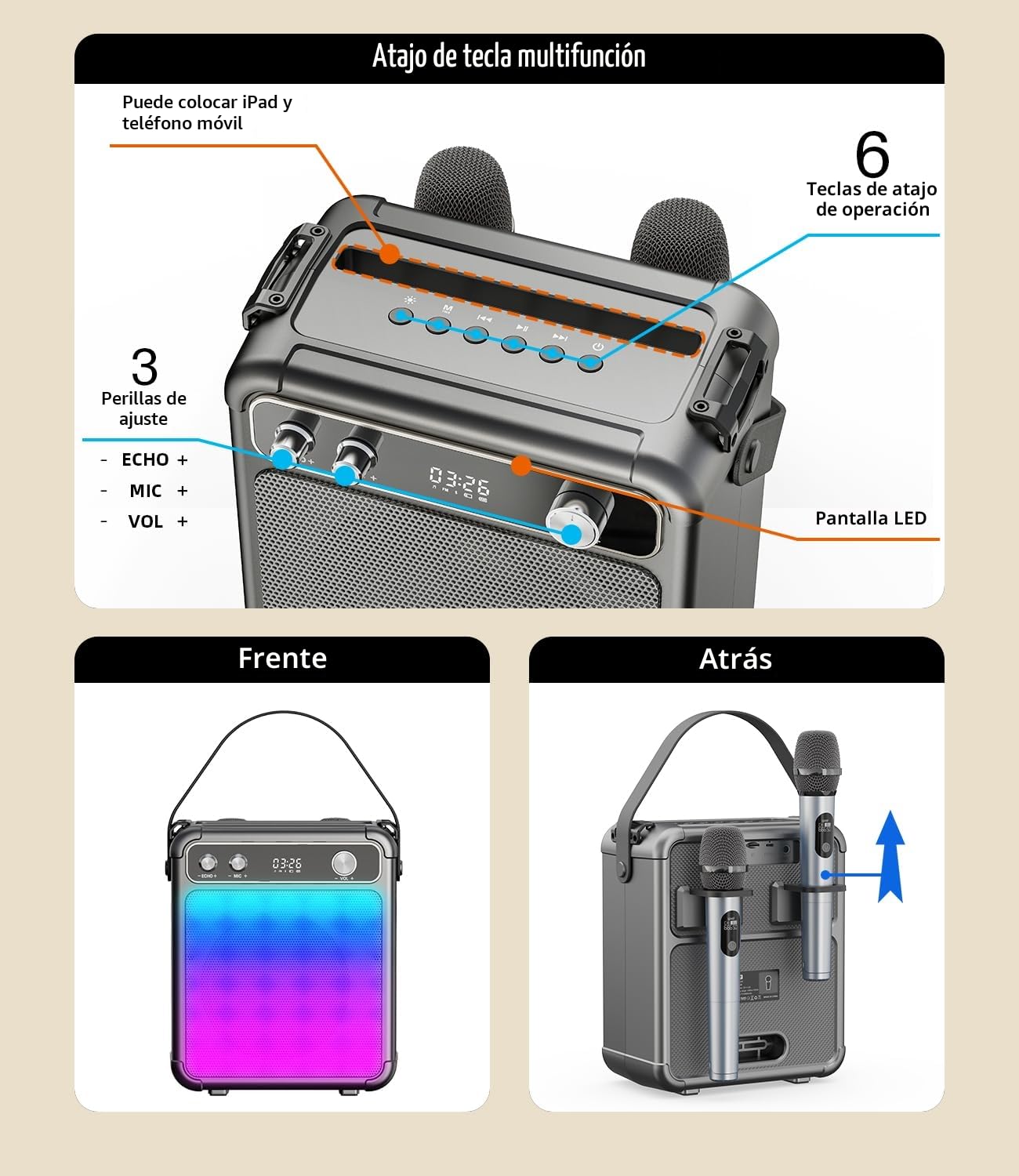 Máquina de Karaoke con 2 micrófonos inalámbricos, Altavoz Karaoke Profesional para Adultos, Bluetooth portátil con Luces LED,para Fiestas,Regalo,al Aire Libre.Sostener TF/USB/TWS/Mic/AUX