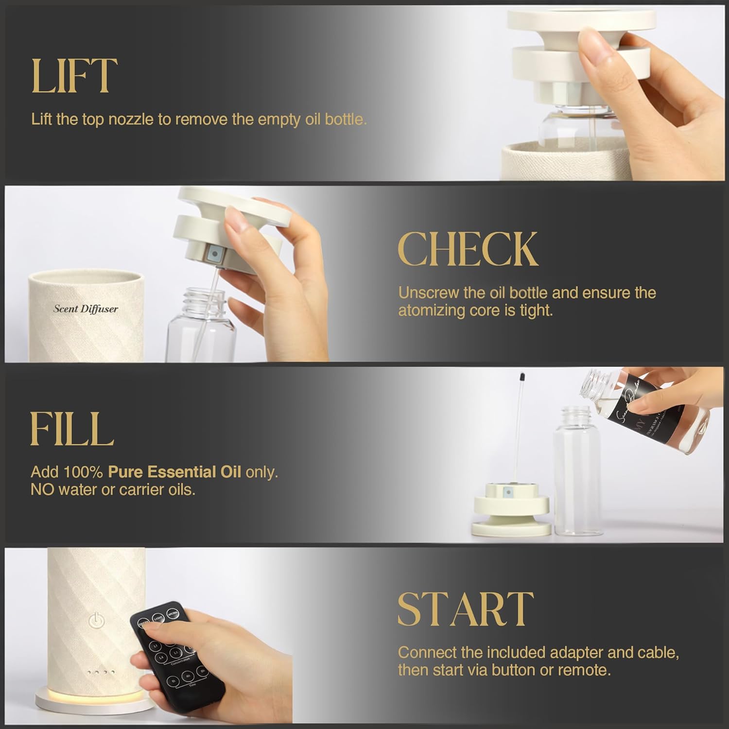 Waterless Scent Diffuser Starter Kit with 5 Oils, Luxury Hotel Style Cold Air Diffuser Oil Machine for Home, 1000 Sq Ft Coverage, Quiet Nebulizing Aromatherapy with Remote, Tower Fabric Design, Cream