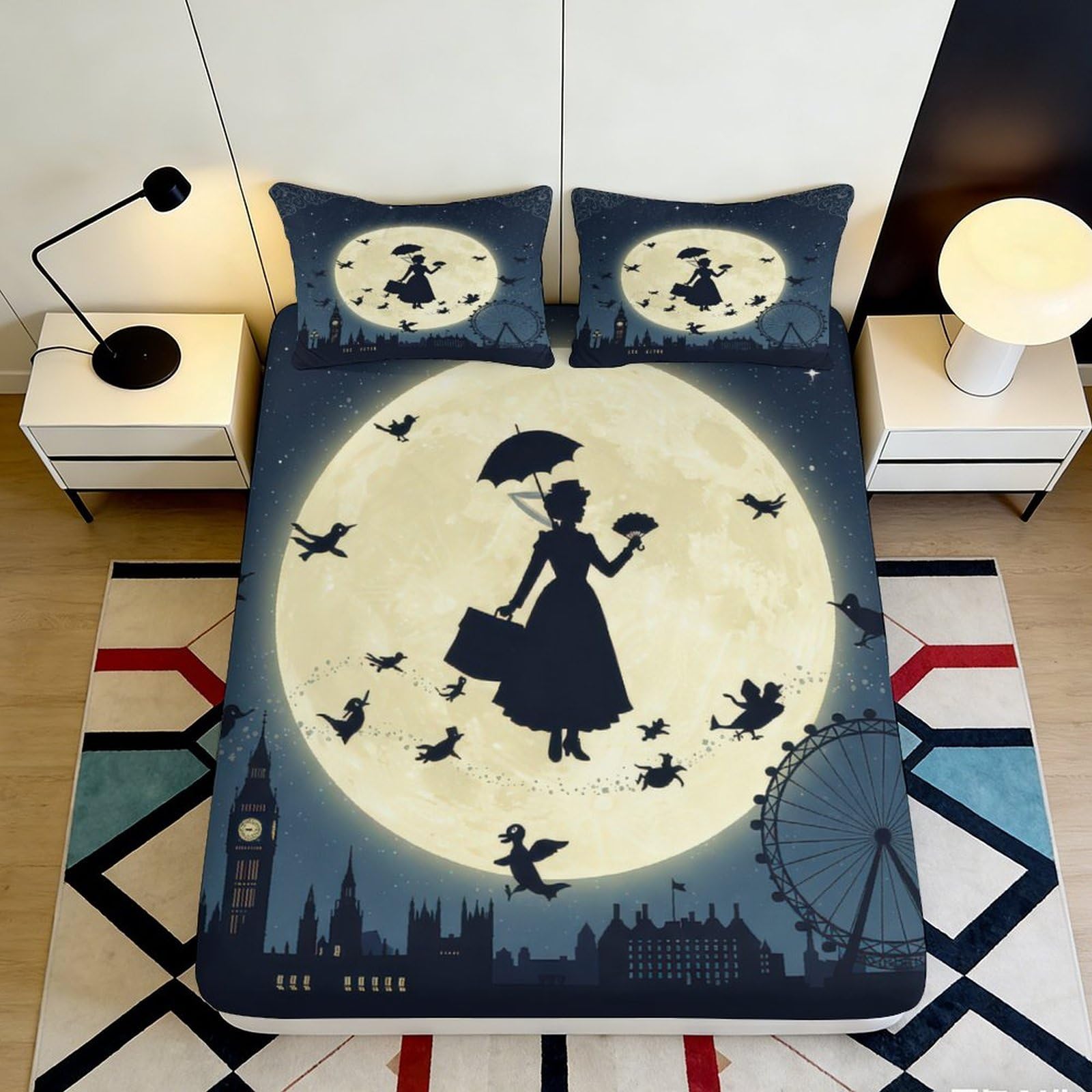 3D Printed Moonlight London Fitted Sheet Microfiber Soft Breathable Silhouette Mattress Cover for Bedroom Dorm Decor 90x200x25cm