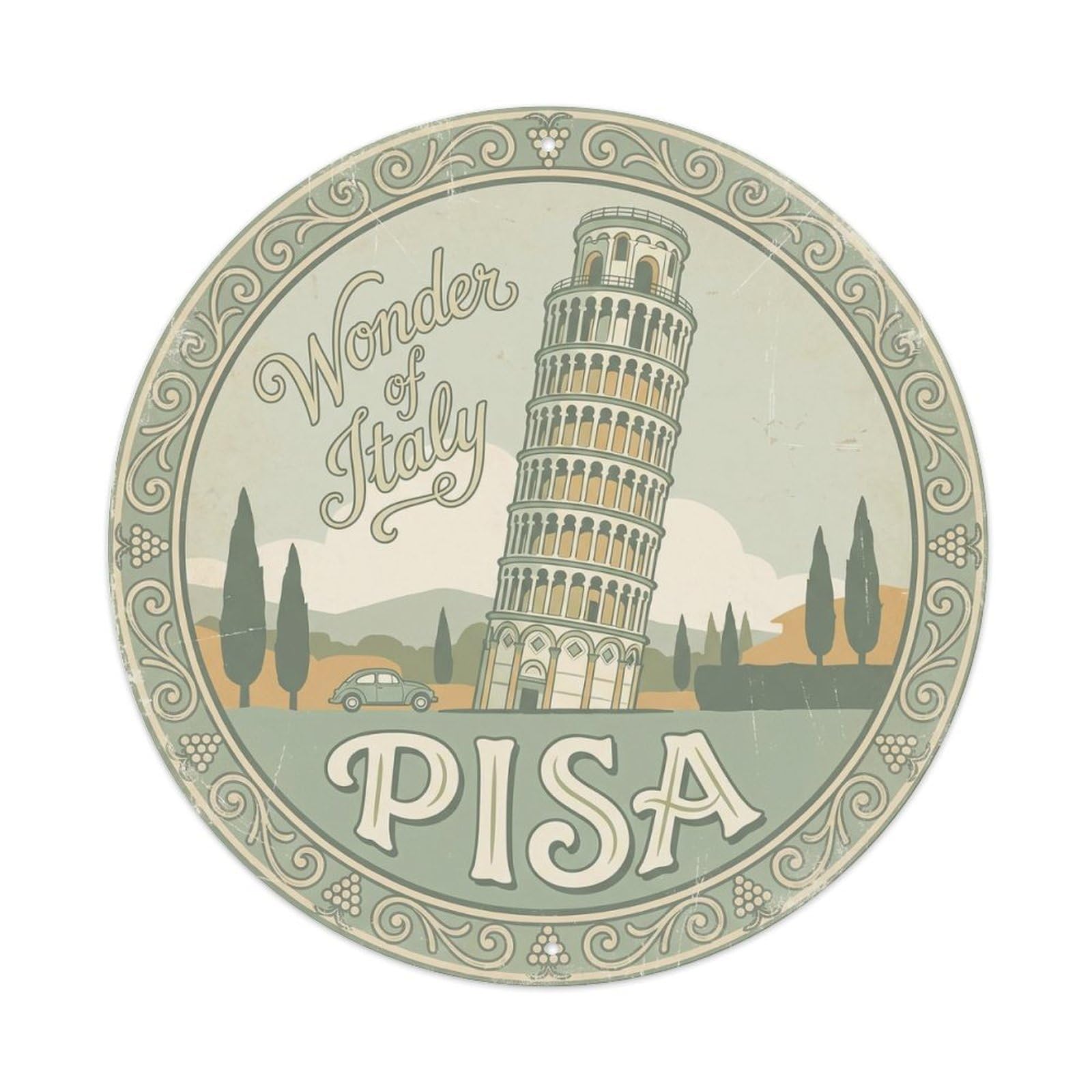 Vintage Travel Pisa Leaning Tower Metal Tin Sign Plaque Wall Decor for Cafe, Club, Garden Round Metal Poster 8x8Inch