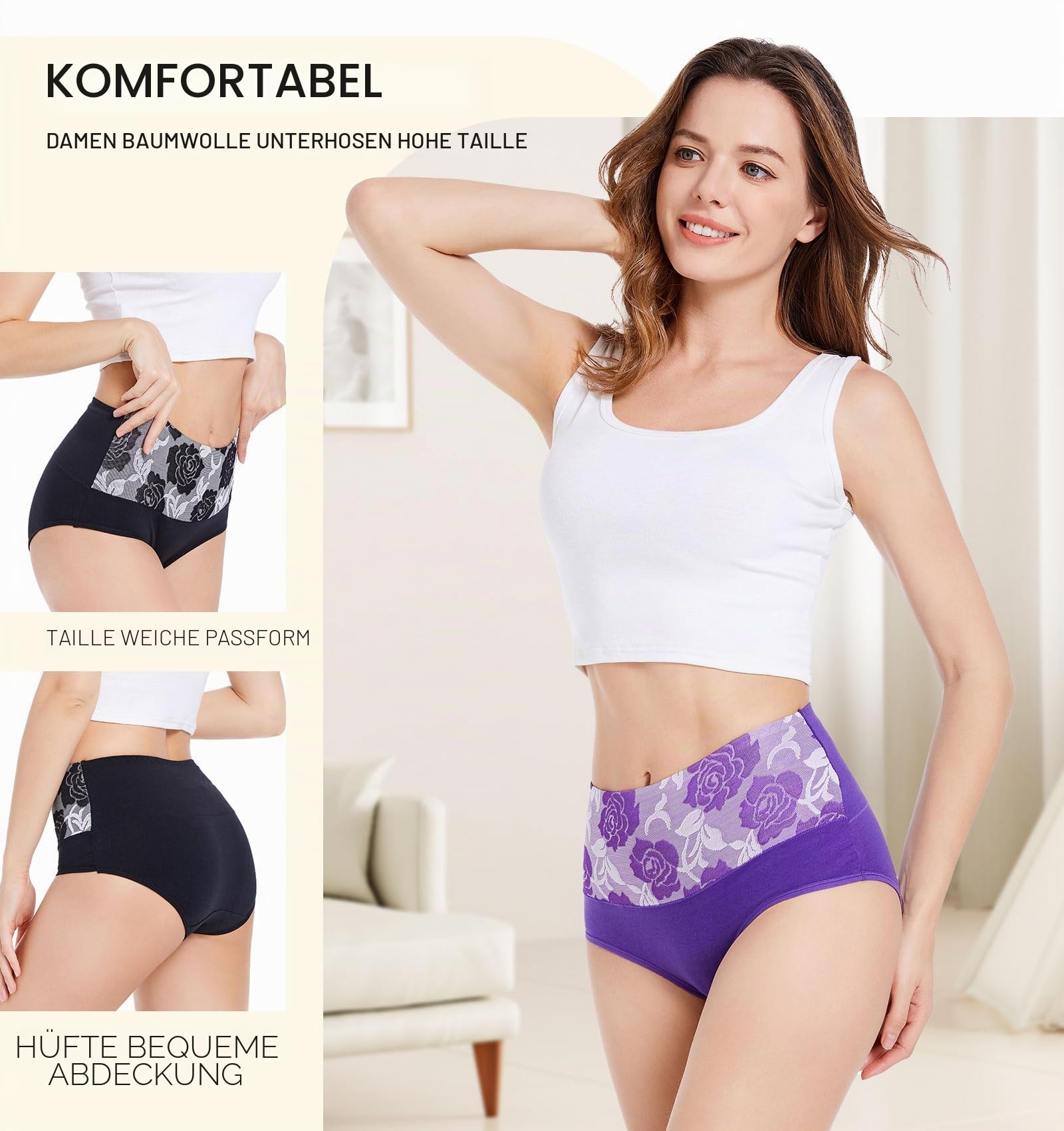 YOULEHE Unterhosen Damen Baumwolle Hohe Taille Weich Atmungsaktiv Unterwäsche