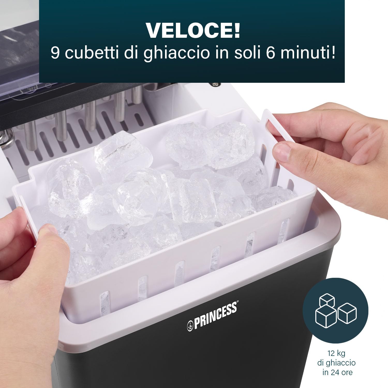 Princess Ice Maker XXL - Serbatoio da 1,75 L - 9 cubetti di ghiaccio in 6 minuti - Produce fino a 12 kg di cubetti di ghiaccio - 2 dimensioni di cubetti disponibili - Funzione di autopulizia - 239830