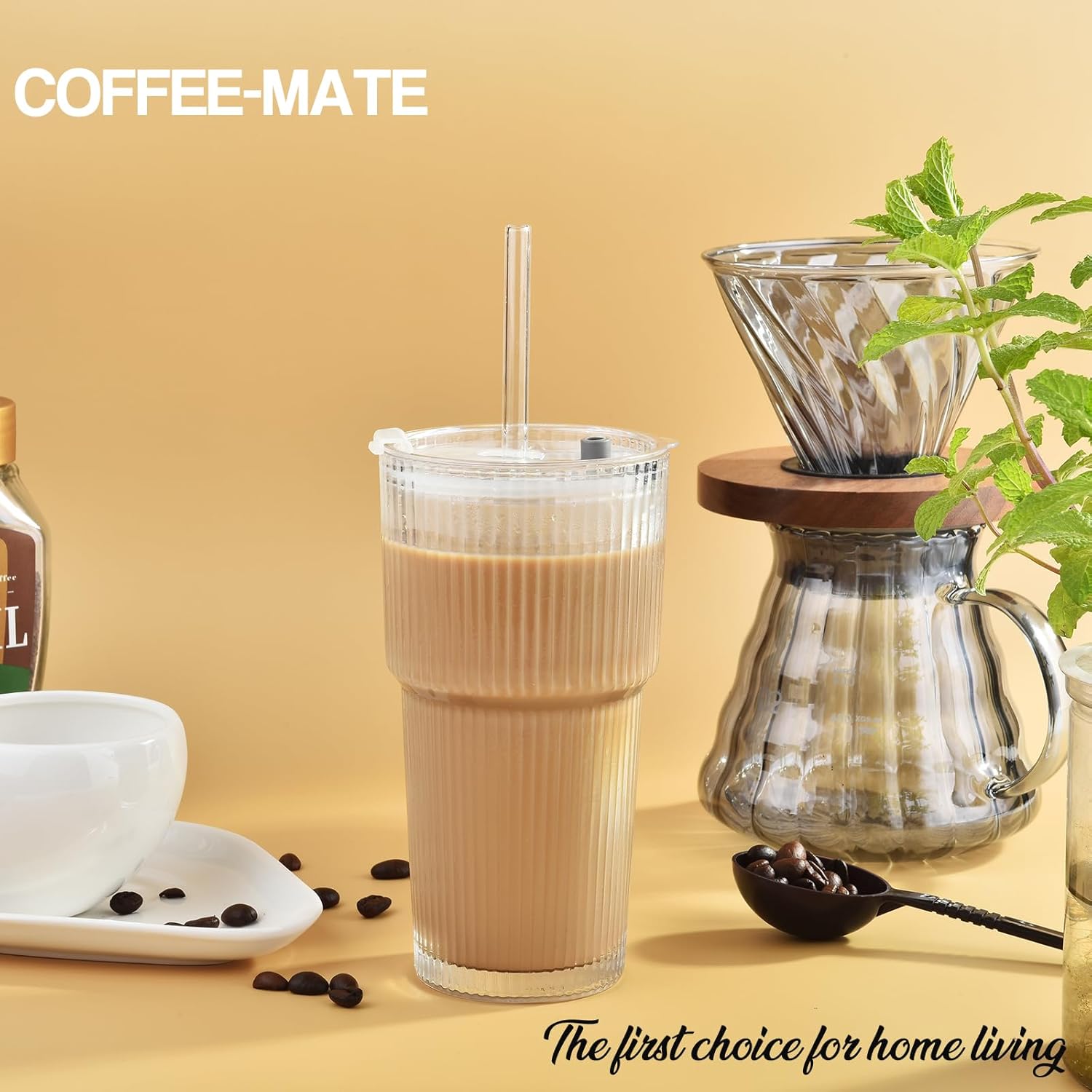 Haundry 20 oz Ribbed Glass Tumbler with Lids and Straws, 4 Pack Iced Coffee Cups, Thickened Glassware Set, Ripple Design Glass Cups for Coffee, Soda, Smoothies, Cocktails and Juice - Image 5