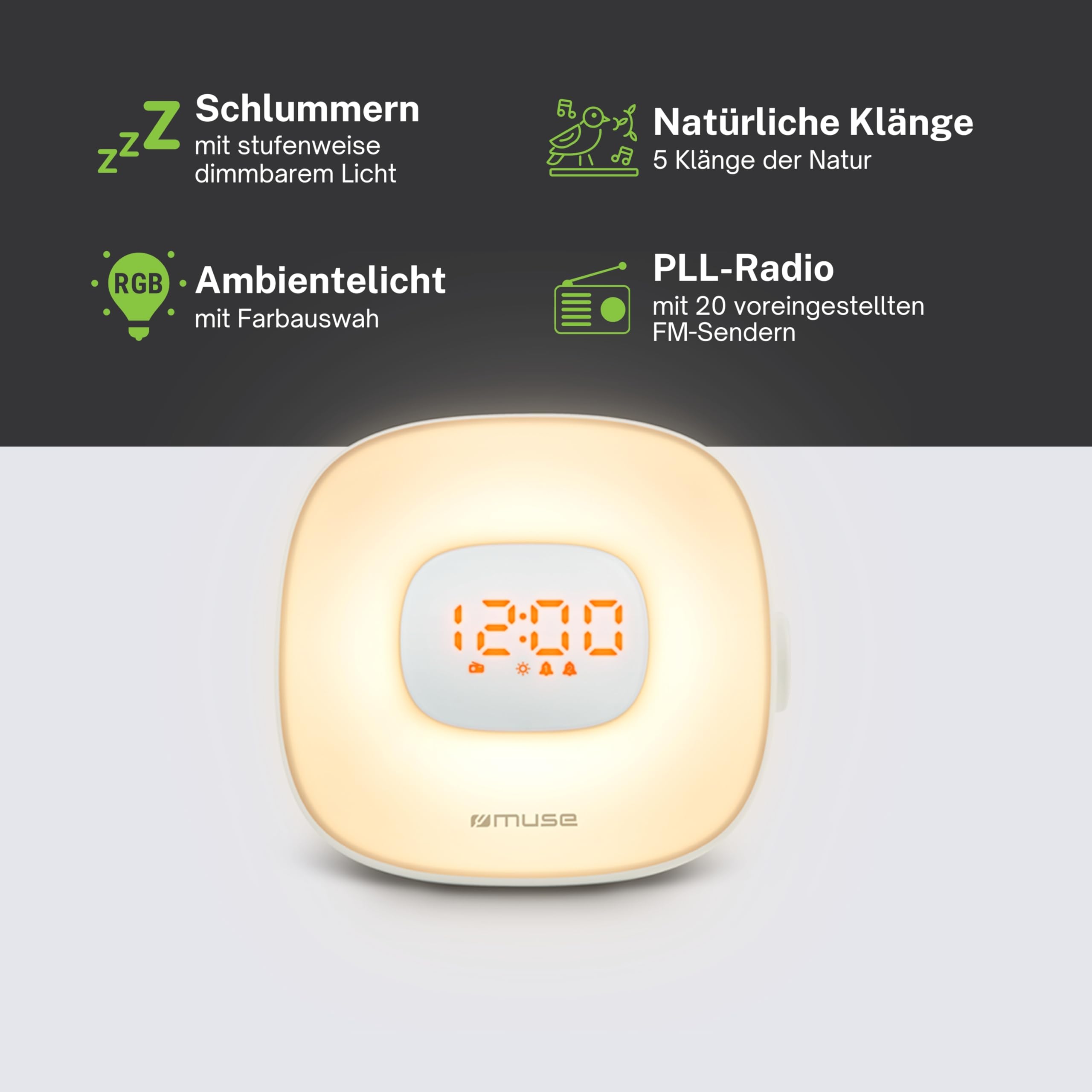 MUSE ML-198 CR Lichtwecker Radio: FM PLL Radio mit Naturklängen, Doppelalarm, LED-Beleuchtung und Dimmfunktion - Wecker mit Aufwachlicht und Farbwechsel