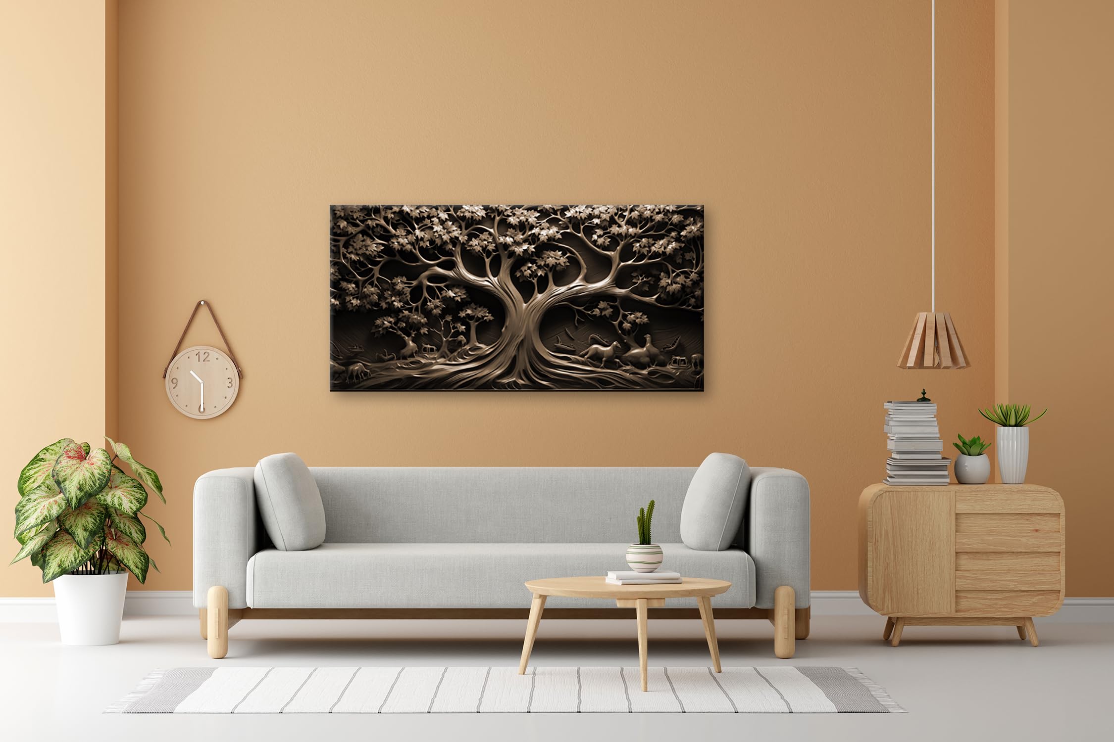 Leinwandbild Baum des Lebens, kunstvoll geschnitzt in zeitlosem Holz. Panorama 100x50cm Effekt: Sepia XXL Kunstdruck Bild auf Keilrahmen/Wandbild/Wohnzimmer Dekoration