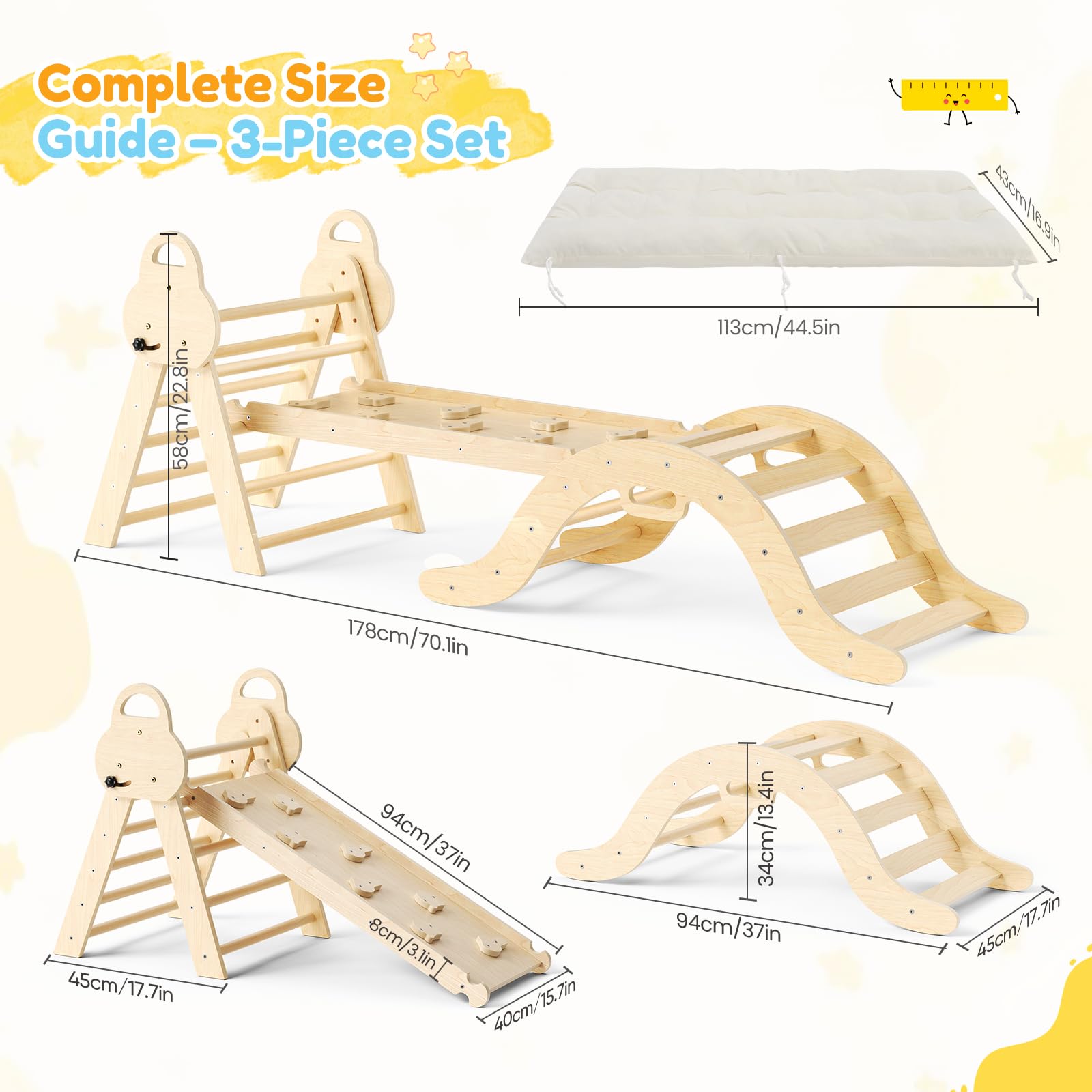 7-in-1 Montessori Kletterdreieck aus Holz – Indoor Klettergerüst mit Rutsche für Kinder ab 1 Jahr | Spielplatz Kletterset Baby Spielzeug