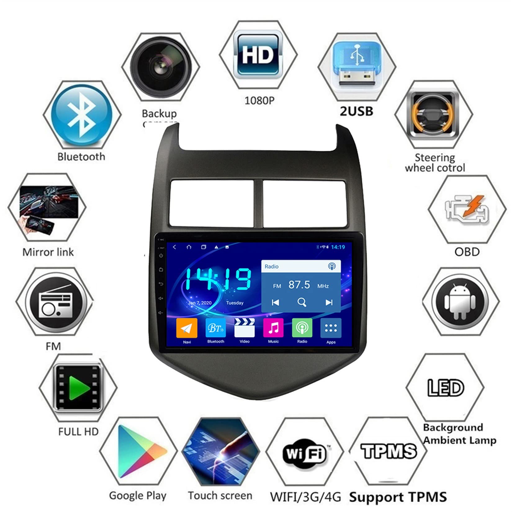 Android Car Sat Nav Radio De Coche con Pantalla Táctil De 9 Pulgadas para Chev-rolet Aveo 2011-2015 Android Auto Doble DIN con Navegación GPS Soporte FM Bluetooth Cámara De Respaldo Mirror Link (